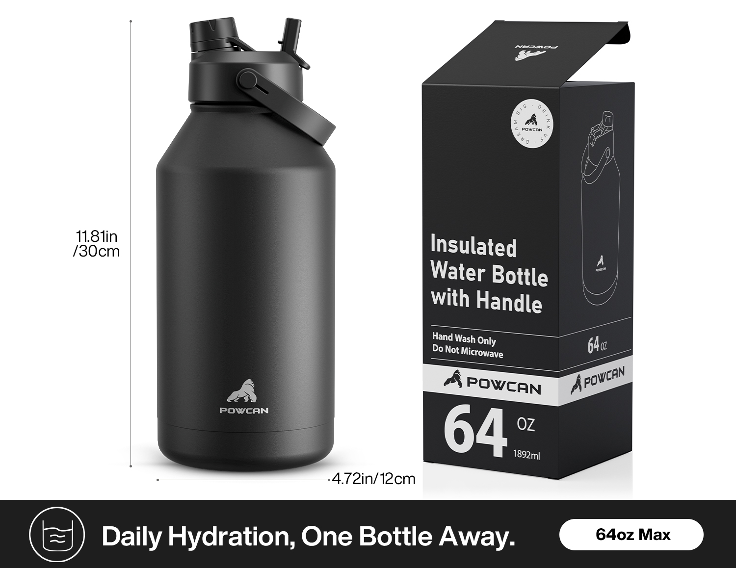 64 oz Insulated Water Bottle with 2-in-1 Straw and Spout Lid