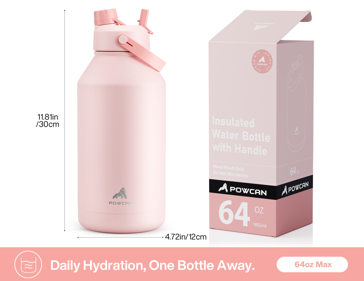 64 oz Insulated Water Bottle with 2-in-1 Straw and Spout Lid