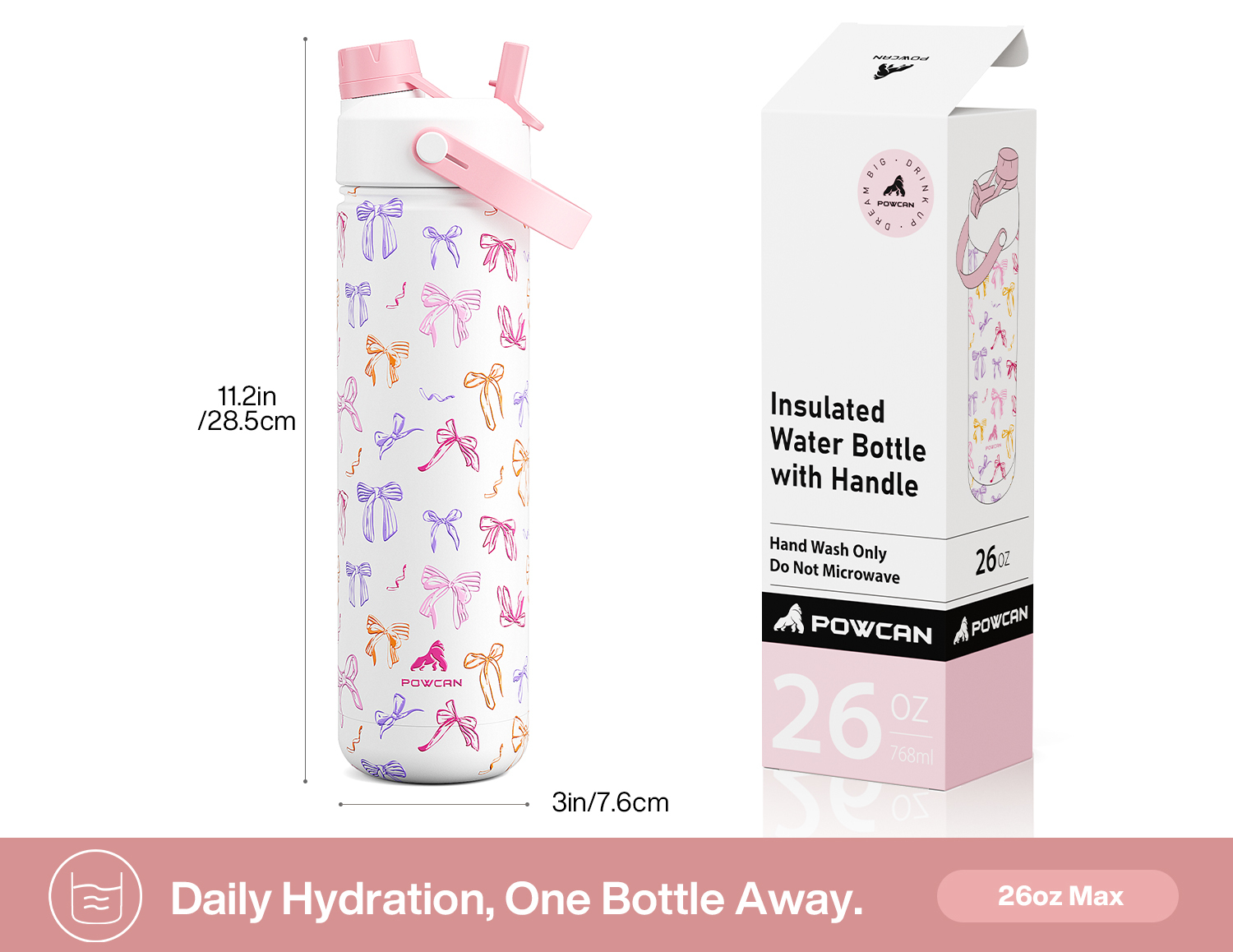 26 oz Insulated Water Bottle with 2-in-1 Straw and Spout Lid