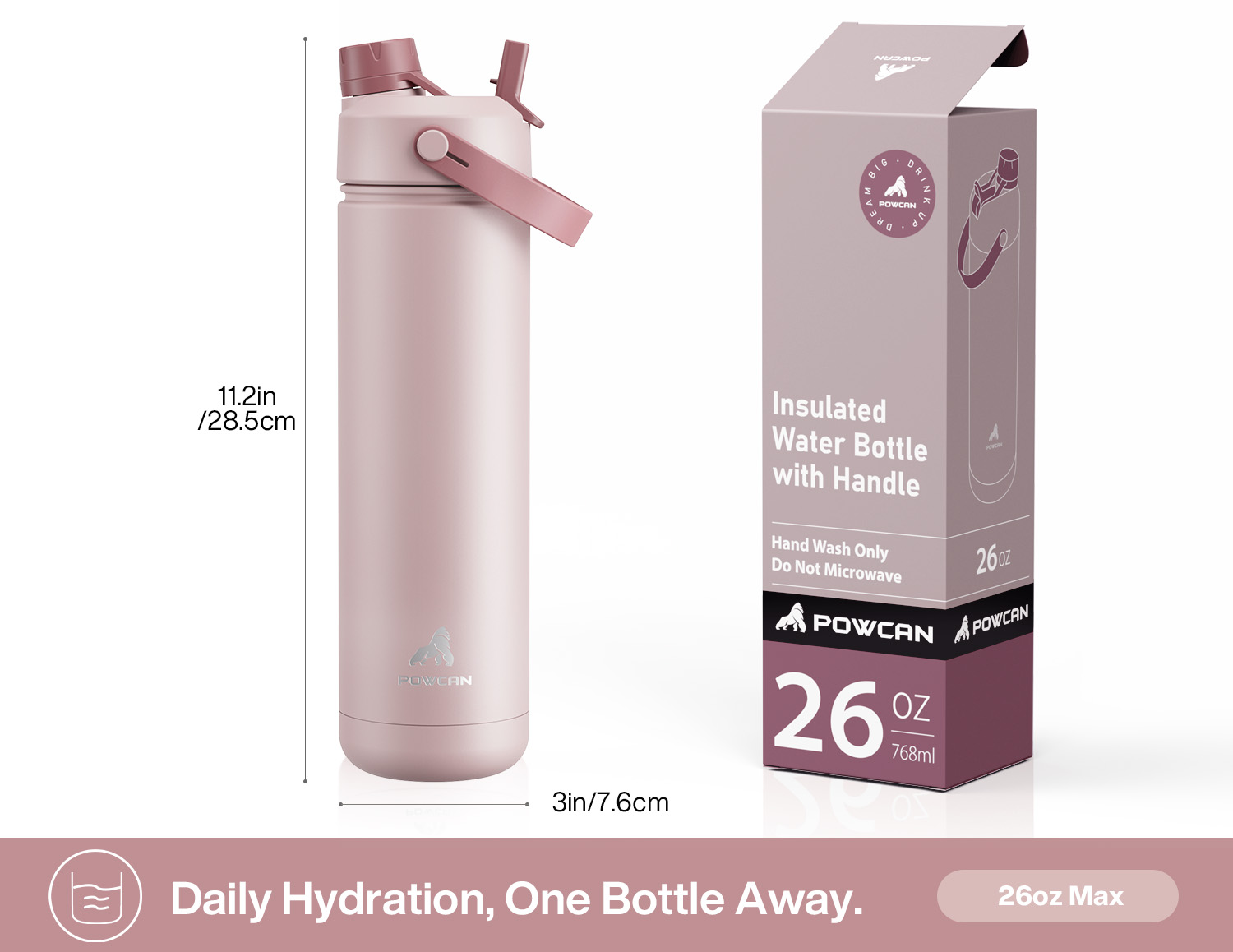 26 oz Insulated Water Bottle with 2-in-1 Straw and Spout Lid