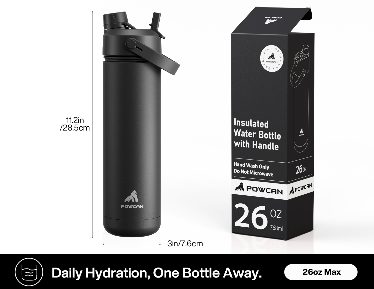 26oz Insulated Water Bottle with 2-in-1 Straw and Spout Lid Pure Collection, Keep Cold 24H, Leak-Proof