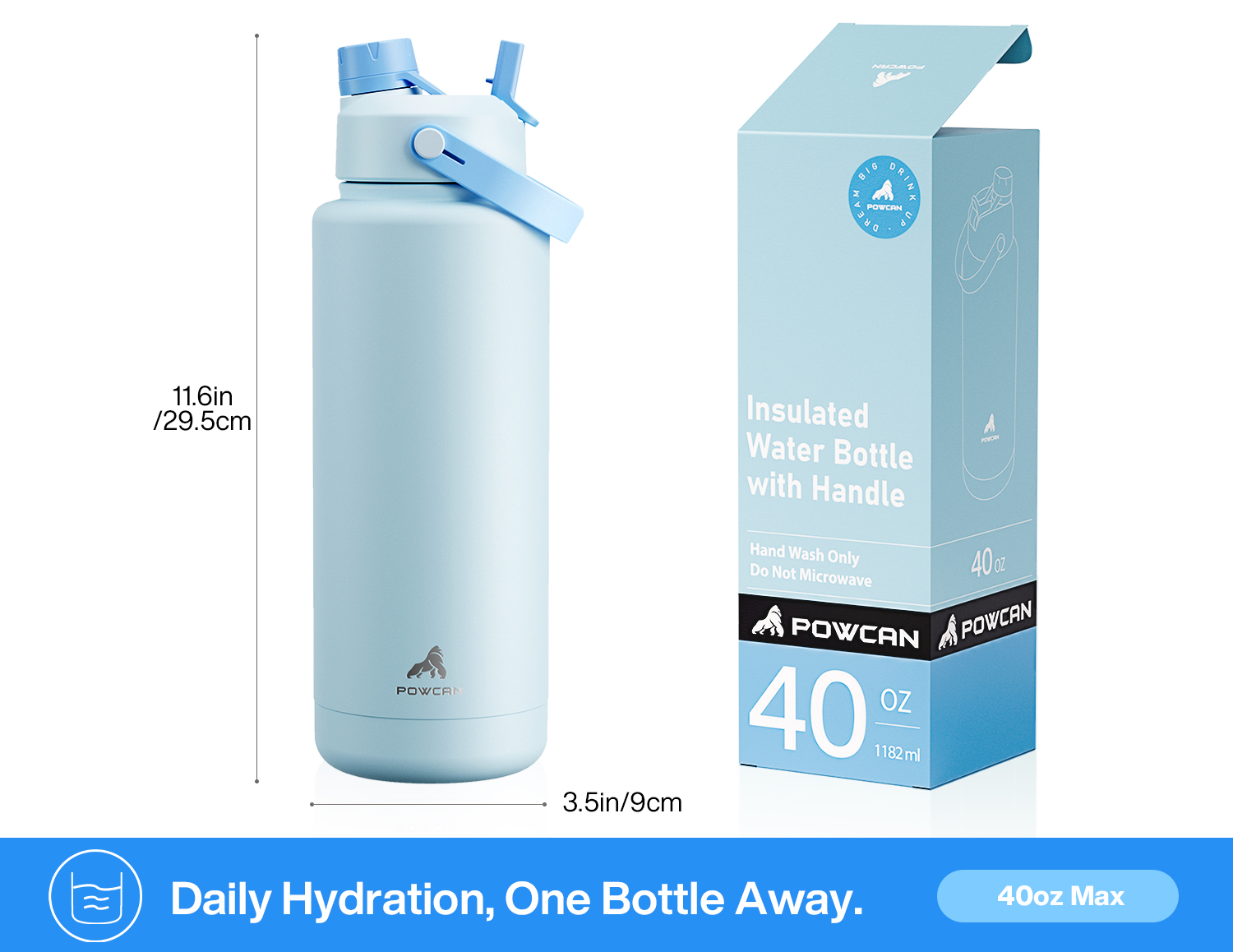 40oz Insulated Water Bottle with 2-in-1 Straw and Spout Lid Pure Collection, Keep Cold 24H, Leak-Proof