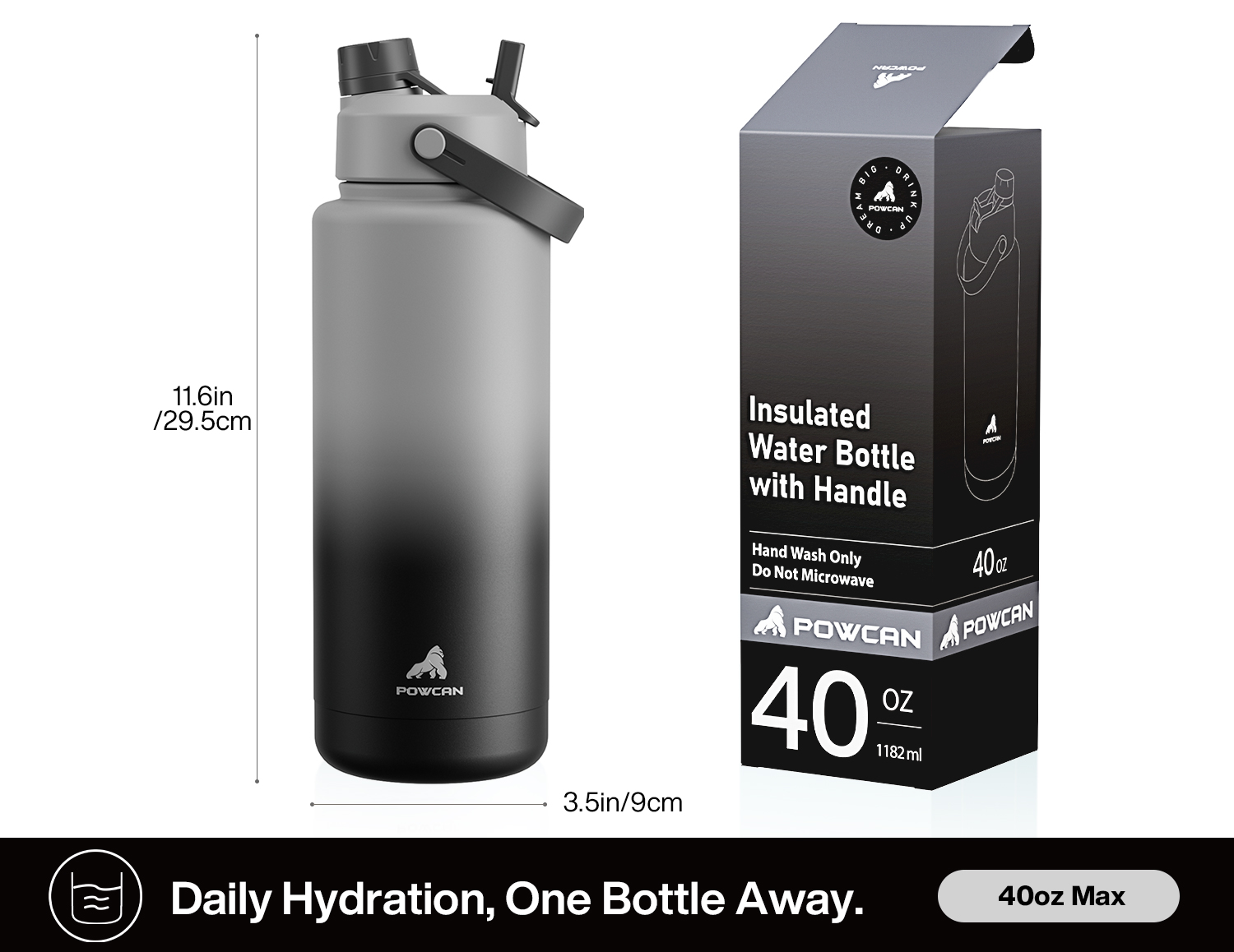 40 oz Insulated Water Bottle with 2-in-1 Straw and Spout Lid