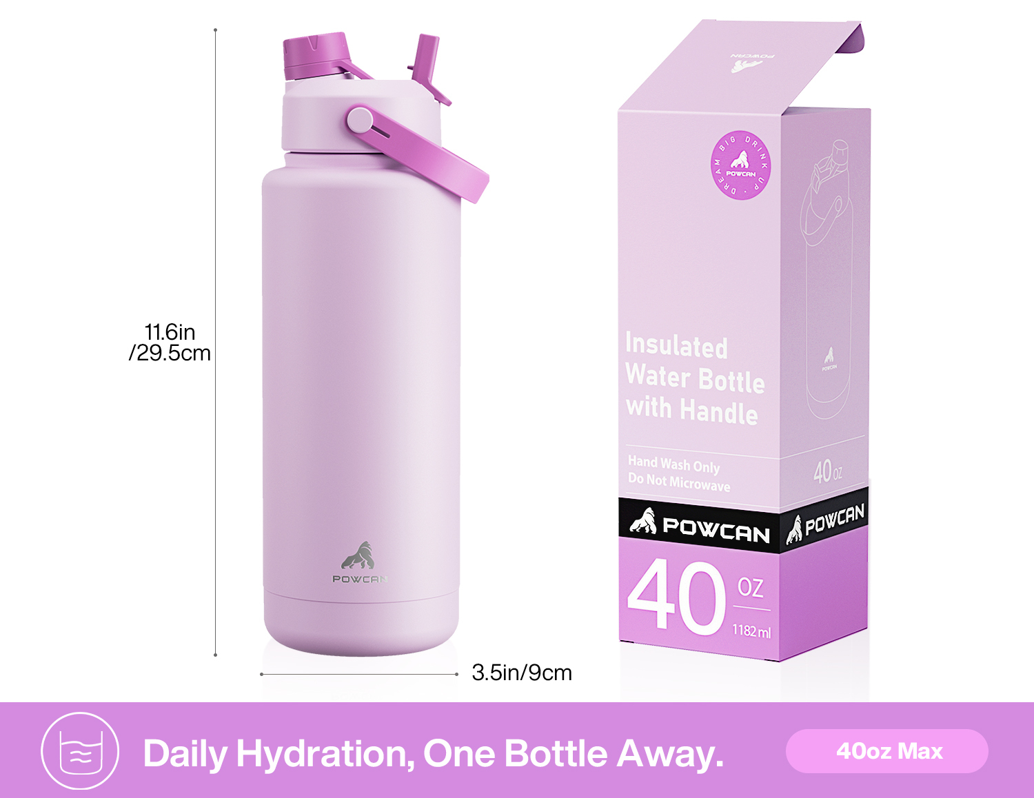 40oz Insulated Water Bottle with 2-in-1 Straw and Spout Lid Pure Collection, Keep Cold 24H, Leak-Proof