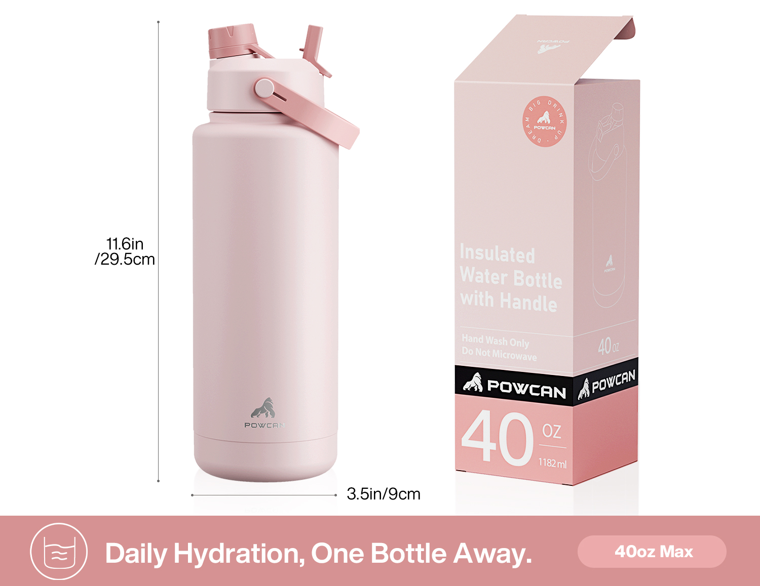 40oz Insulated Water Bottle with 2-in-1 Straw and Spout Lid Pure Collection, Keep Cold 24H, Leak-Proof