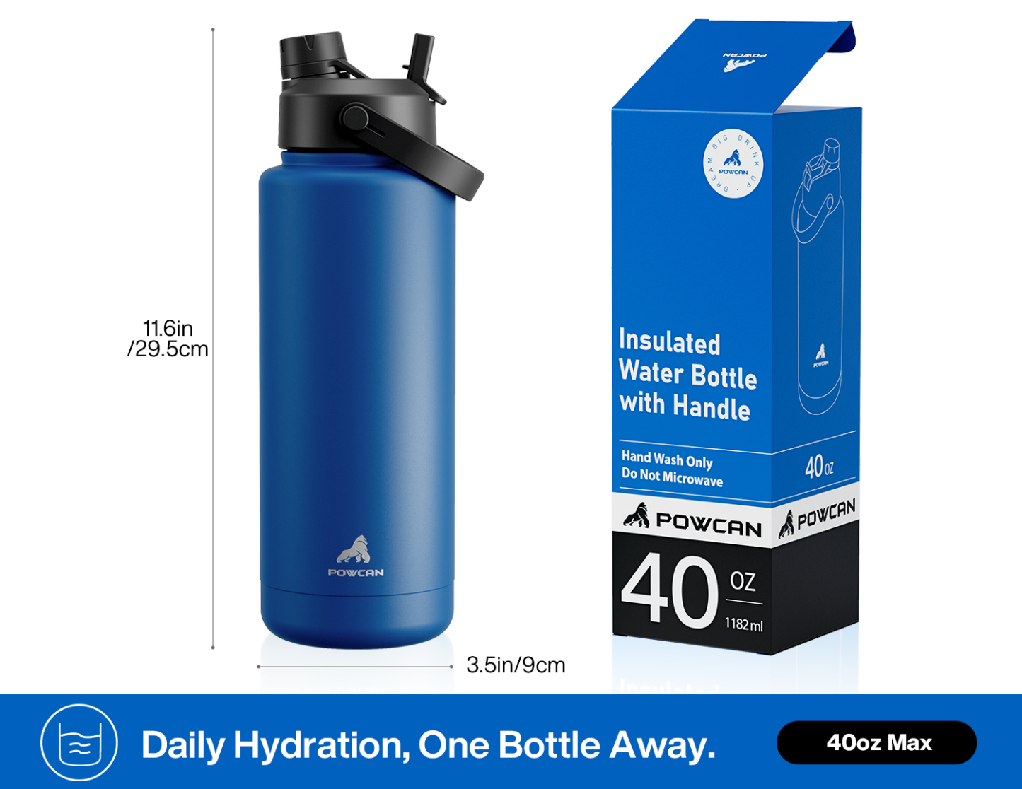 40oz Insulated Water Bottle with 2-in-1 Straw and Spout Lid Pure Collection, Keep Cold 24H, Leak-Proof