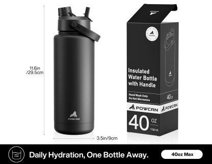40oz Insulated Water Bottle with 2-in-1 Straw and Spout Lid Pure Collection, Keep Cold 24H, Leak-Proof