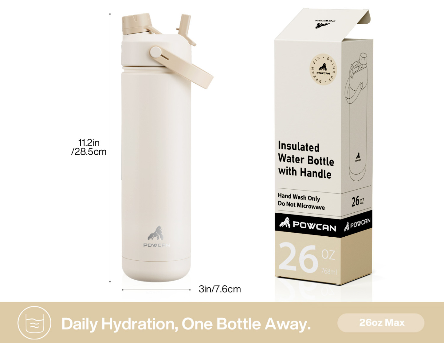 26 oz Insulated Water Bottle with 2-in-1 Straw and Spout Lid