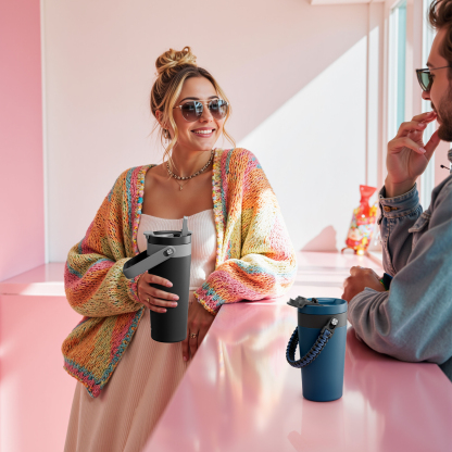 24 oz Insulated Coffee Mug for Travel: 2-in-1 Straw Flip Lid, Keep Cold 24H, Fit in Car Cupholder, Leakproof, Stainless Steel Coffee Tumbler with Handle for Outdoor, Office, Gifts and Sports (Deepsea)