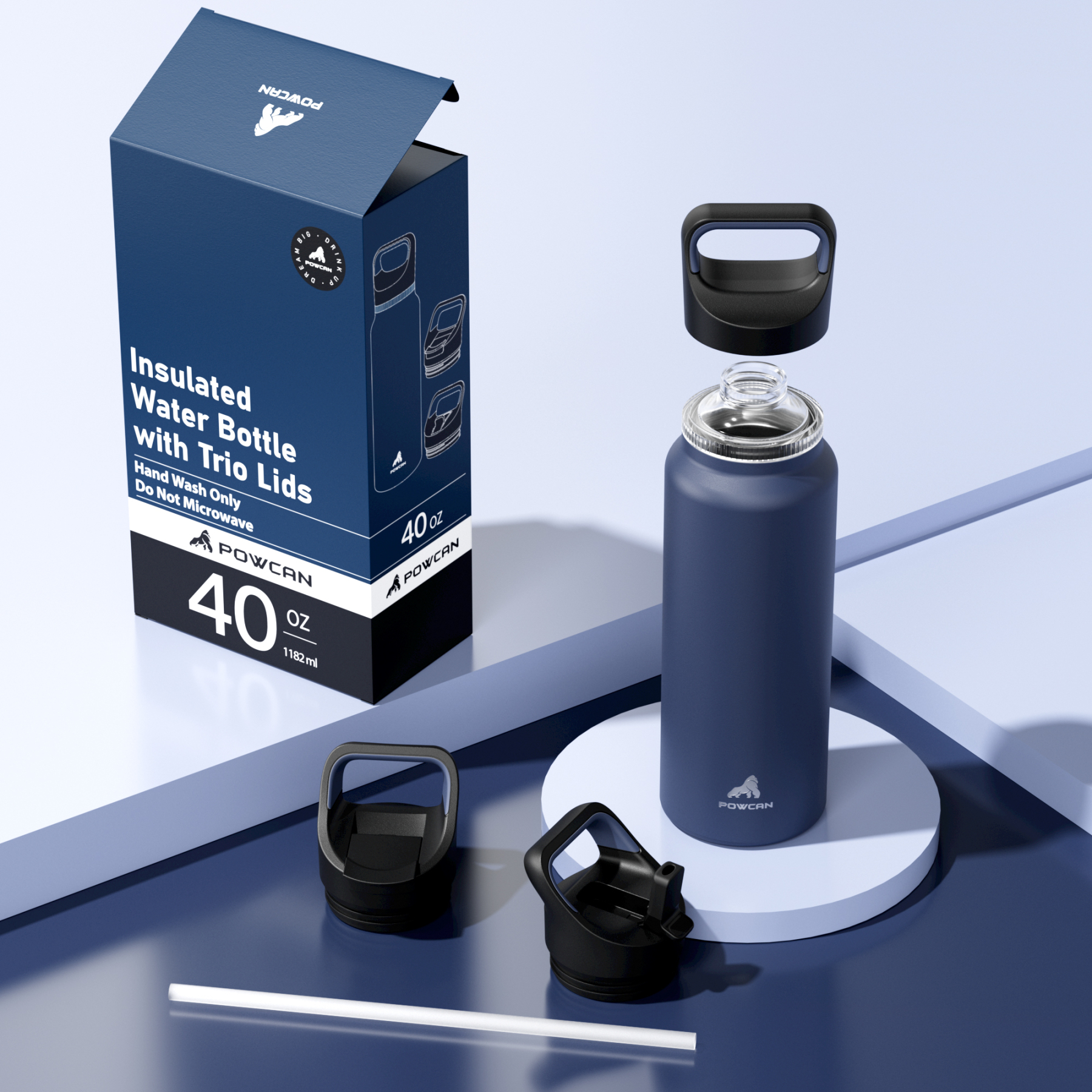 40 oz Insulated Water Bottle with 3 Lids