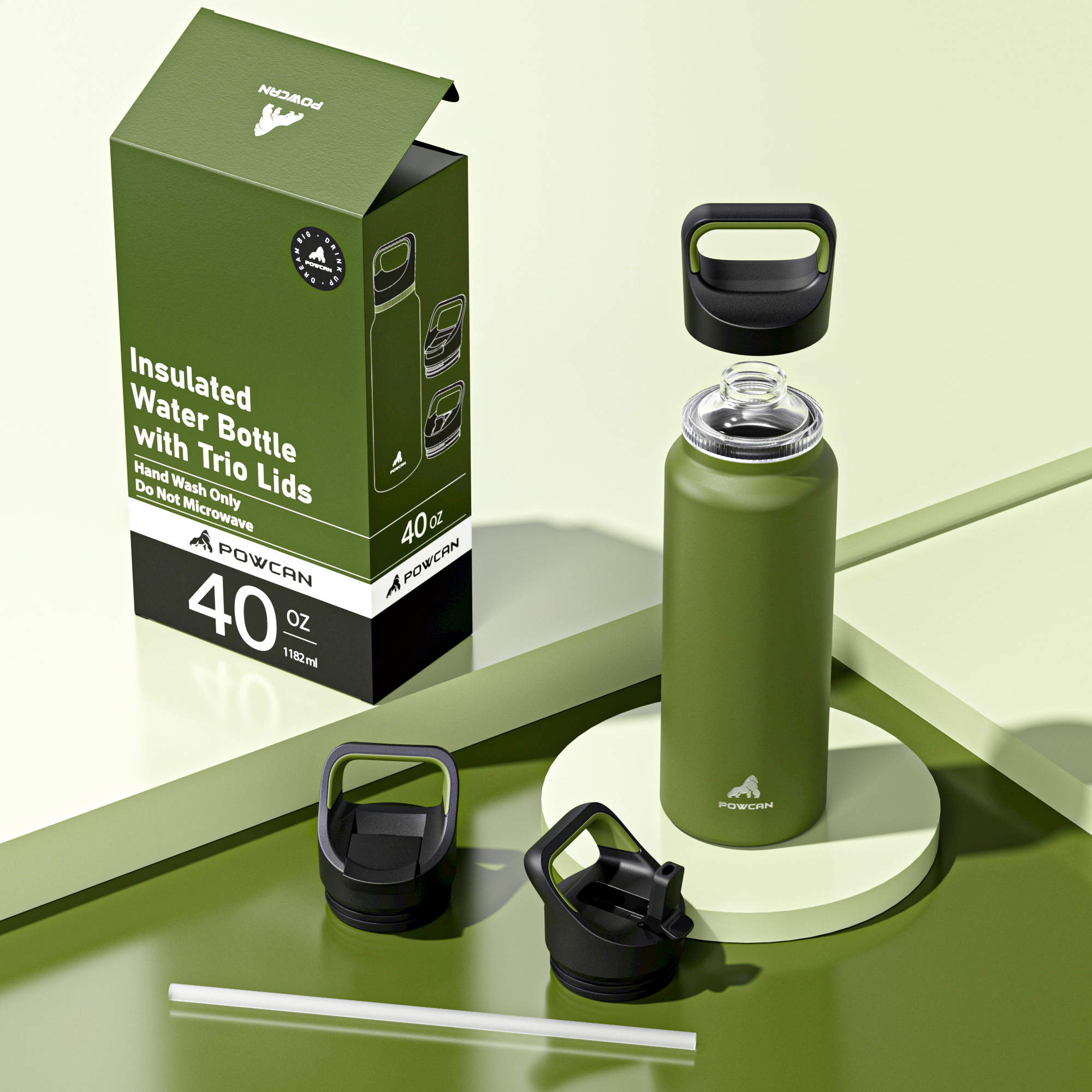 40 oz Insulated Water Bottle with 3 Lids