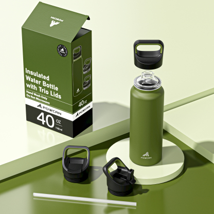40 oz Insulated Water Bottle with 3 Lids
