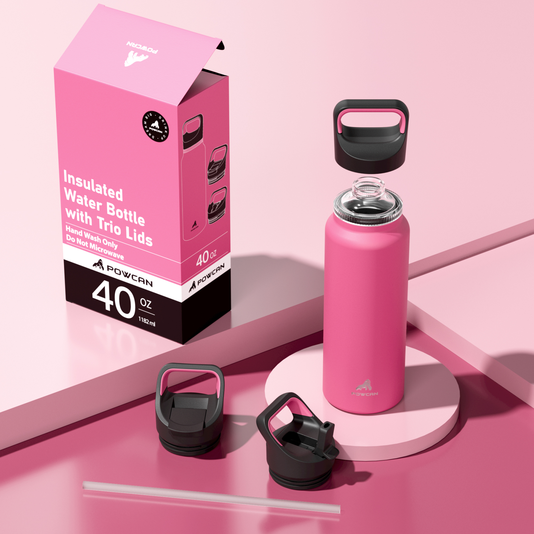 40 oz Insulated Water Bottle with 3 Lids