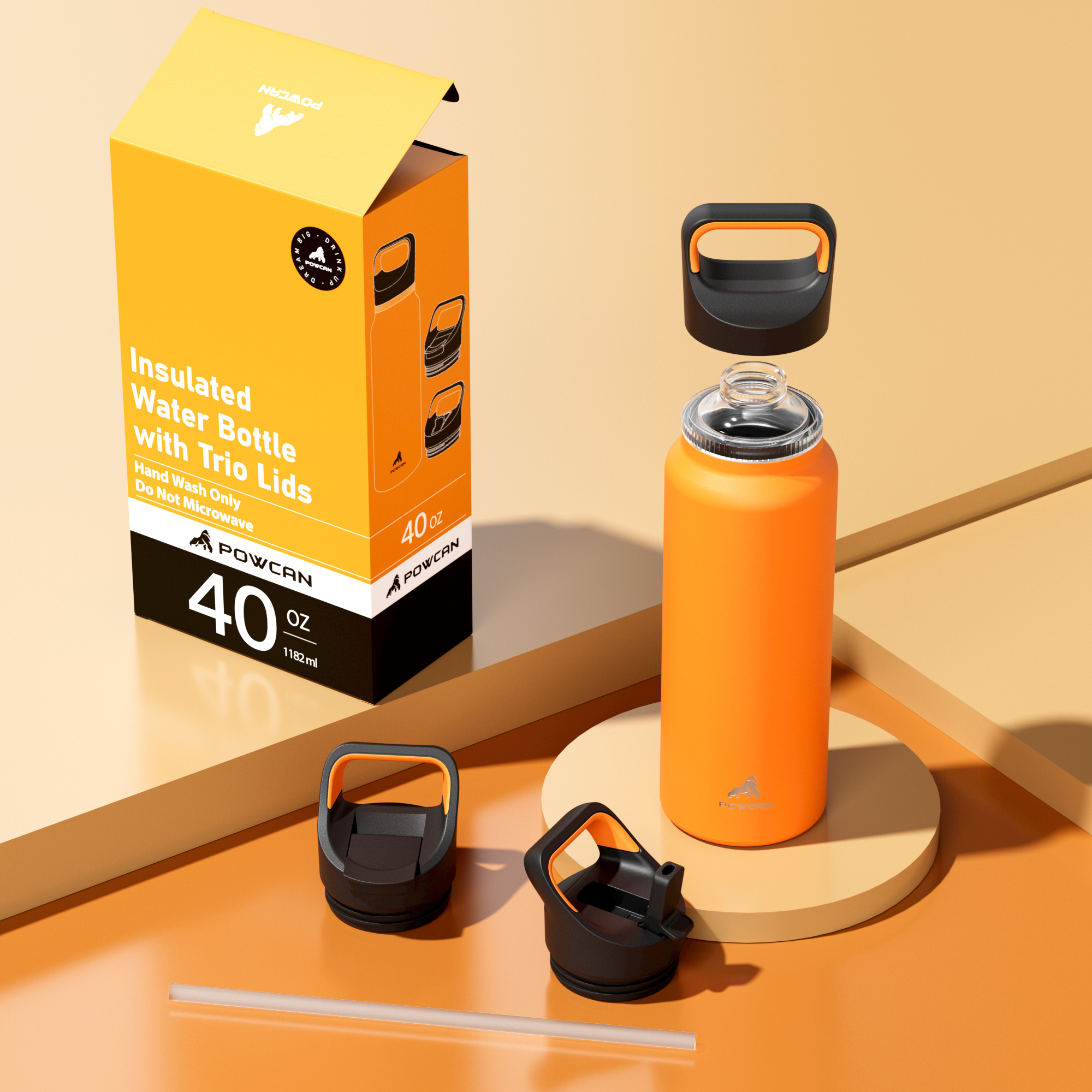 40 oz Insulated Water Bottle with 3 Lids