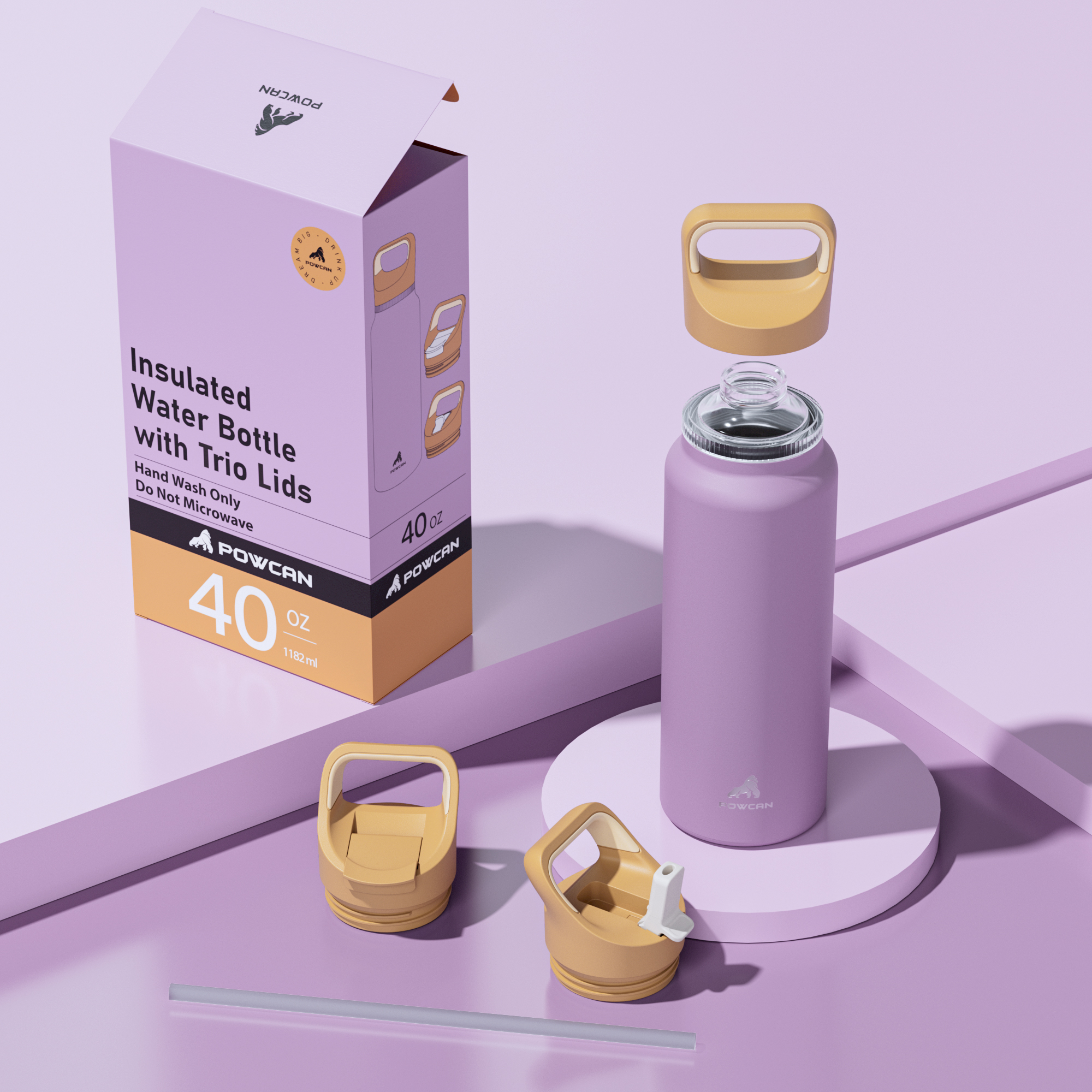 40 oz Insulated Water Bottle with 3 Lids