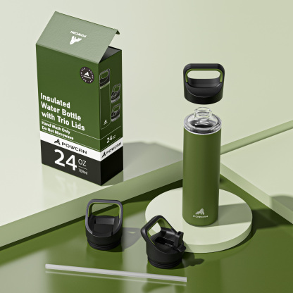 24 oz Insulated Water Bottle with 3 Lids