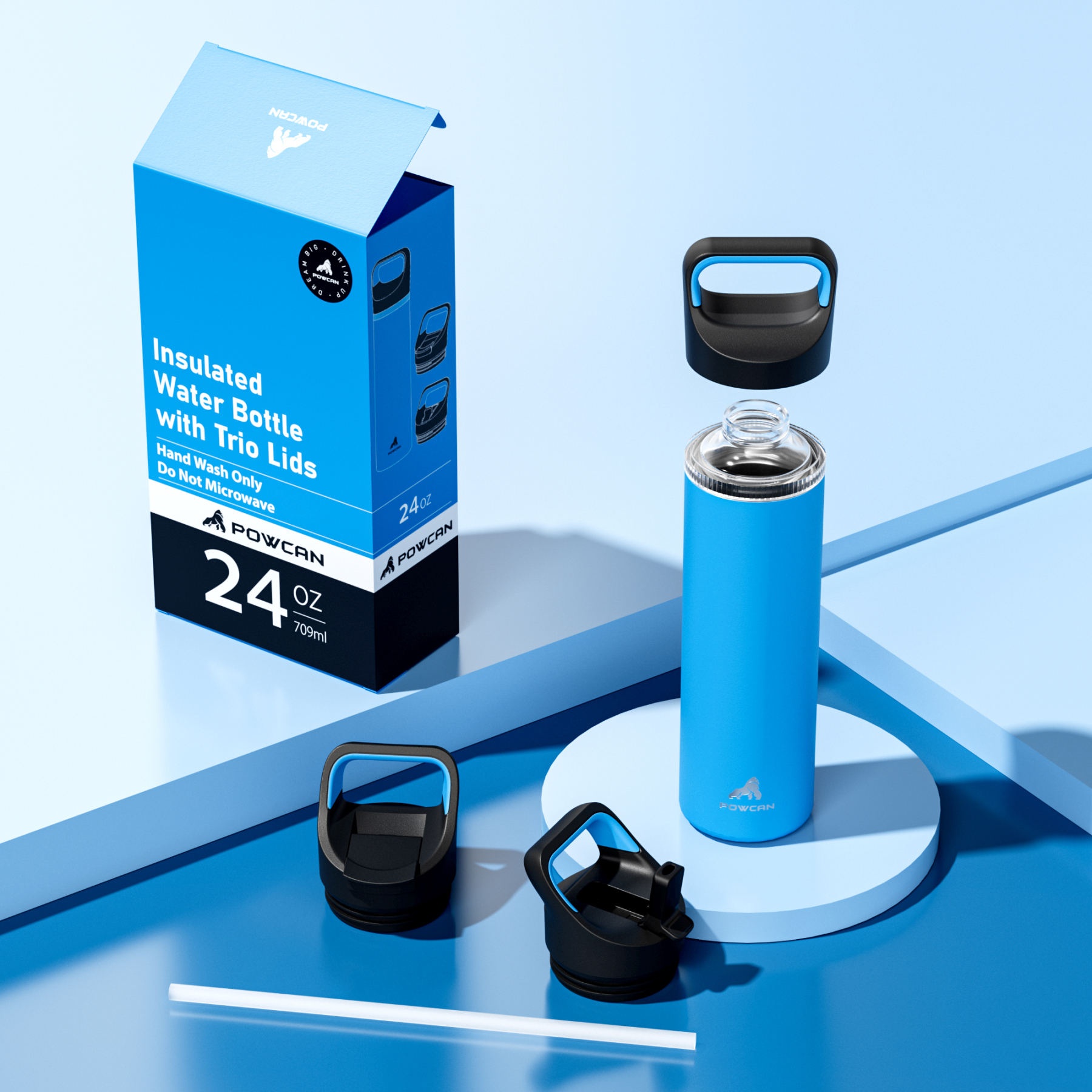 24 oz Insulated Water Bottle with 3 Lids