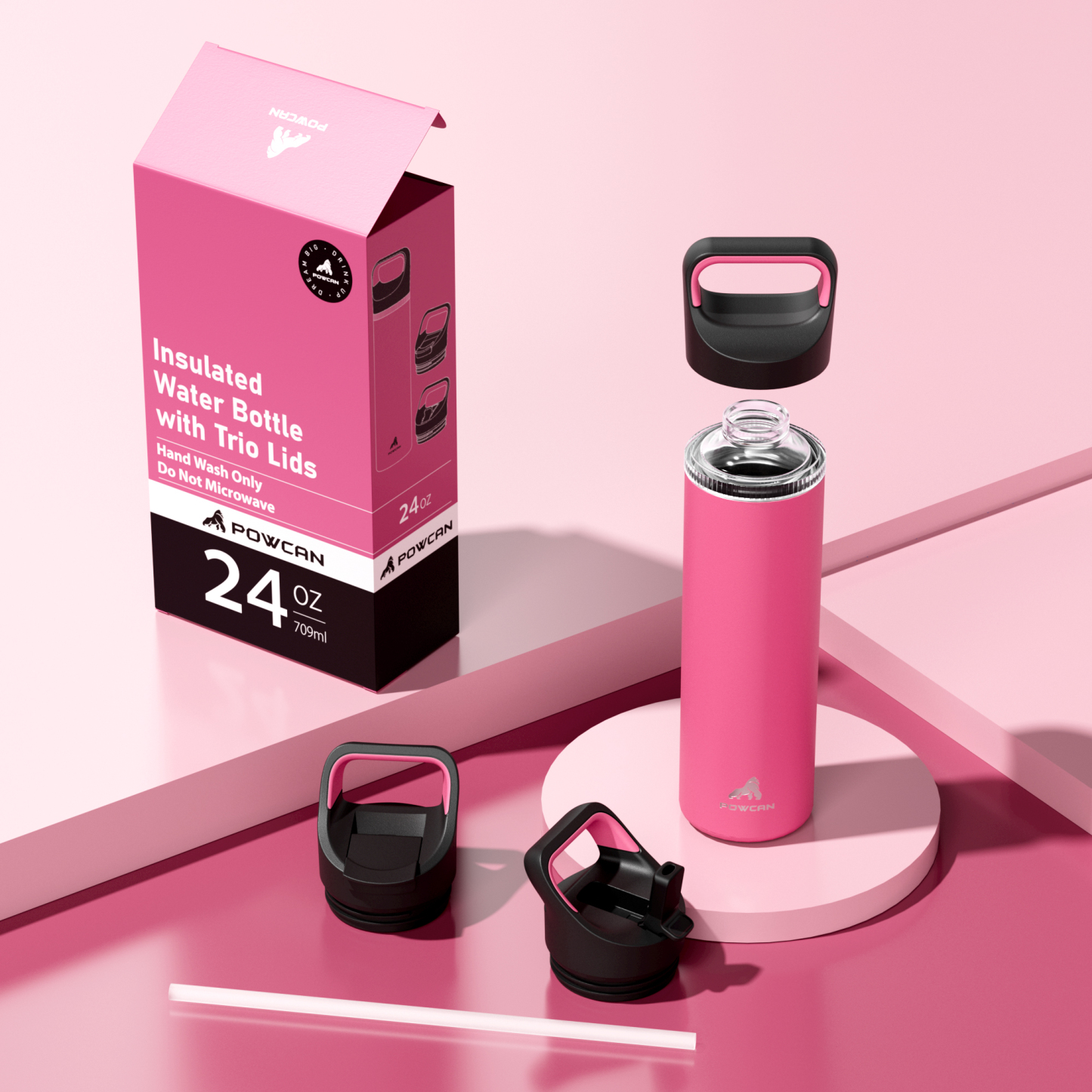 24 oz Insulated Water Bottle with 3 Lids