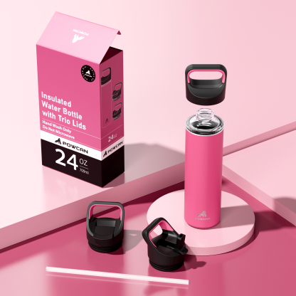 24 oz Insulated Water Bottle with 3 Lids