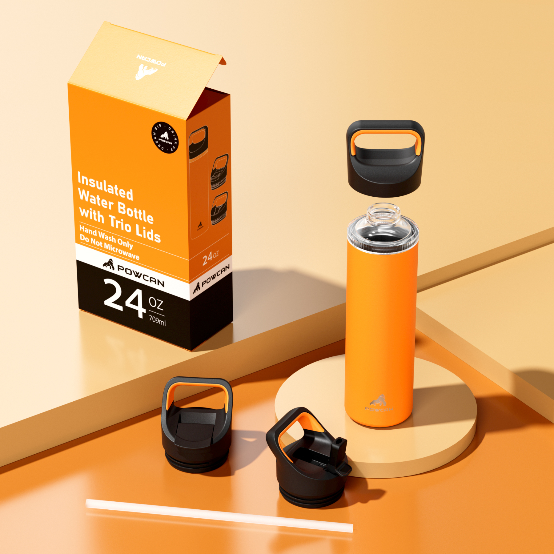 24 oz Insulated Water Bottle with 3 Lids