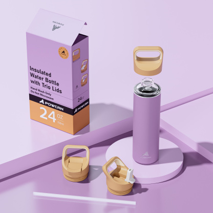 24 oz Insulated Water Bottle with 3 Lids