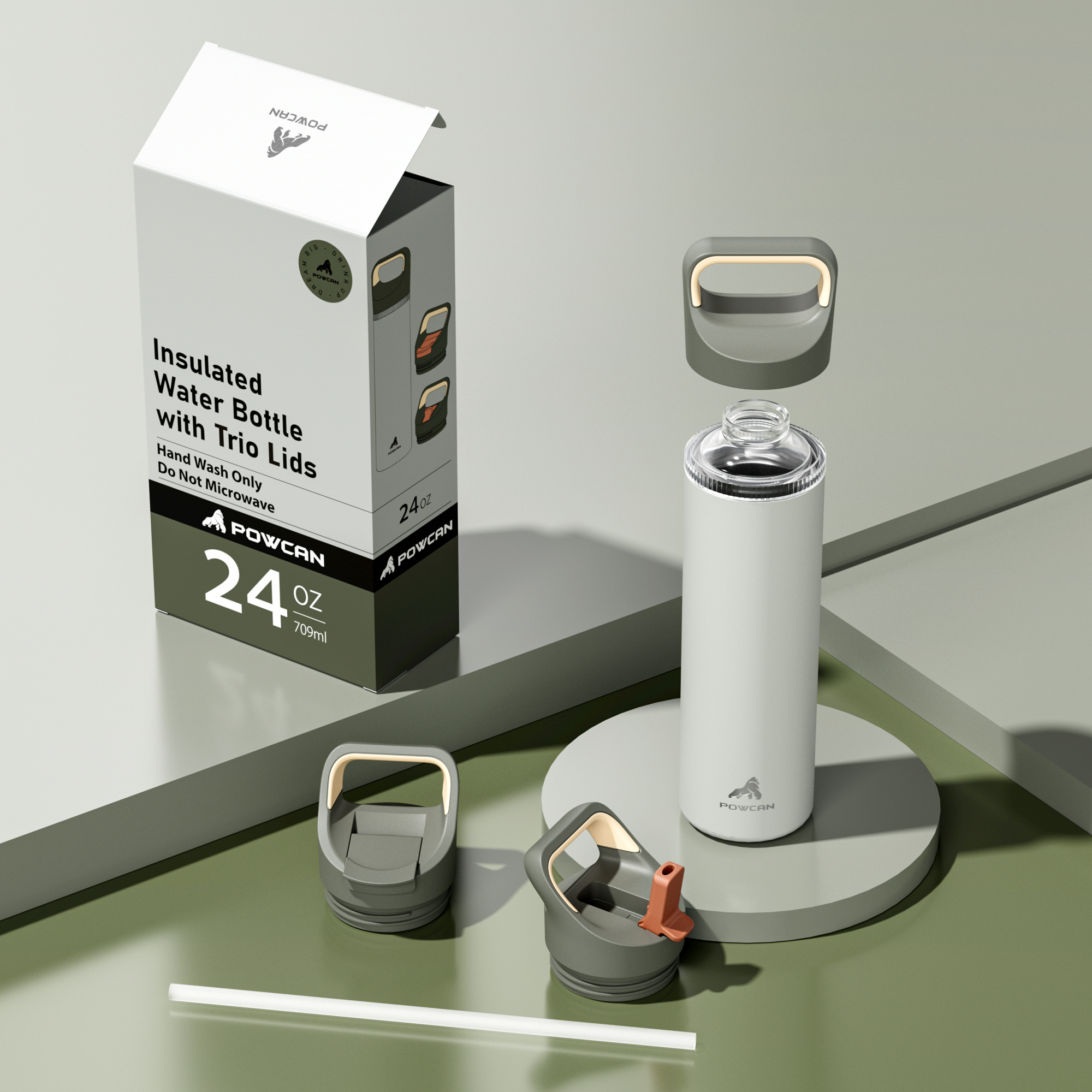 24 oz Insulated Water Bottle with 3 Lids