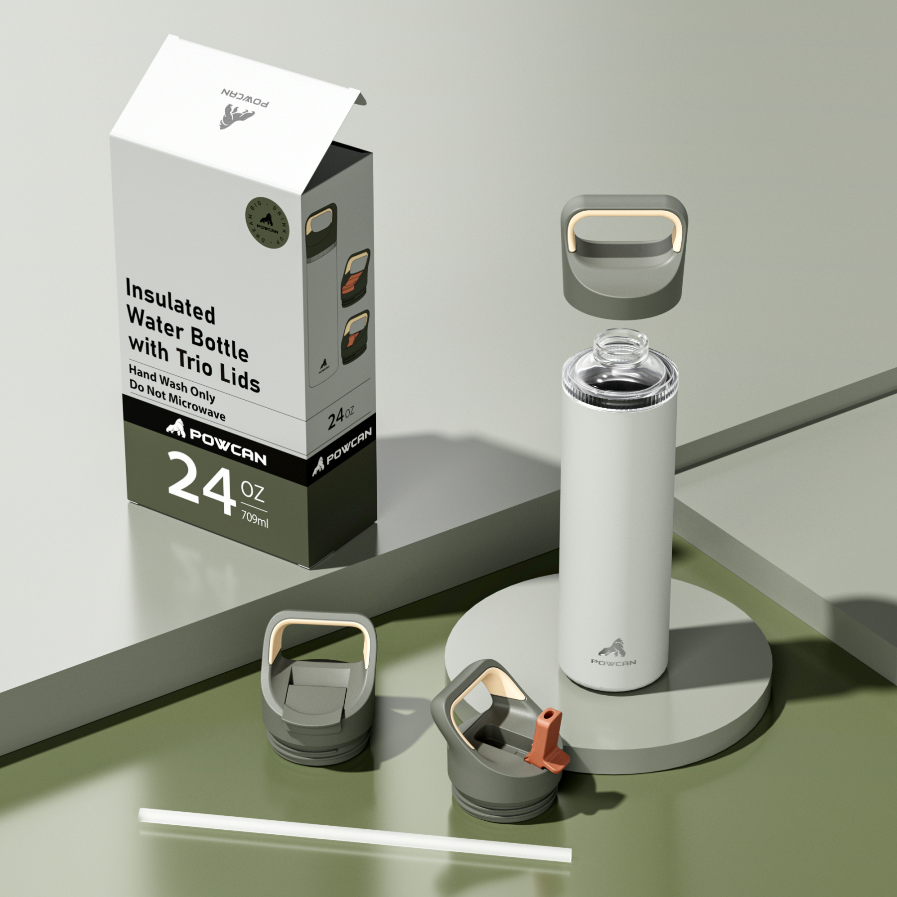 24 oz Insulated Water Bottle with 3 Lids