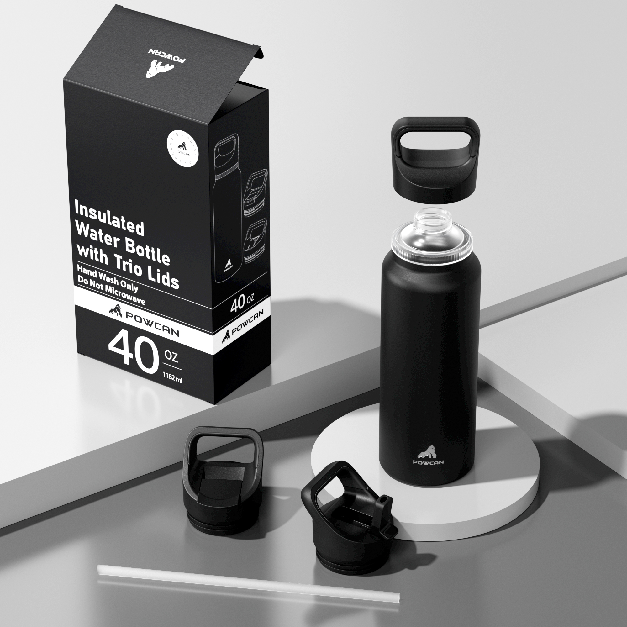 40 oz Insulated Water Bottle with 3 Lids