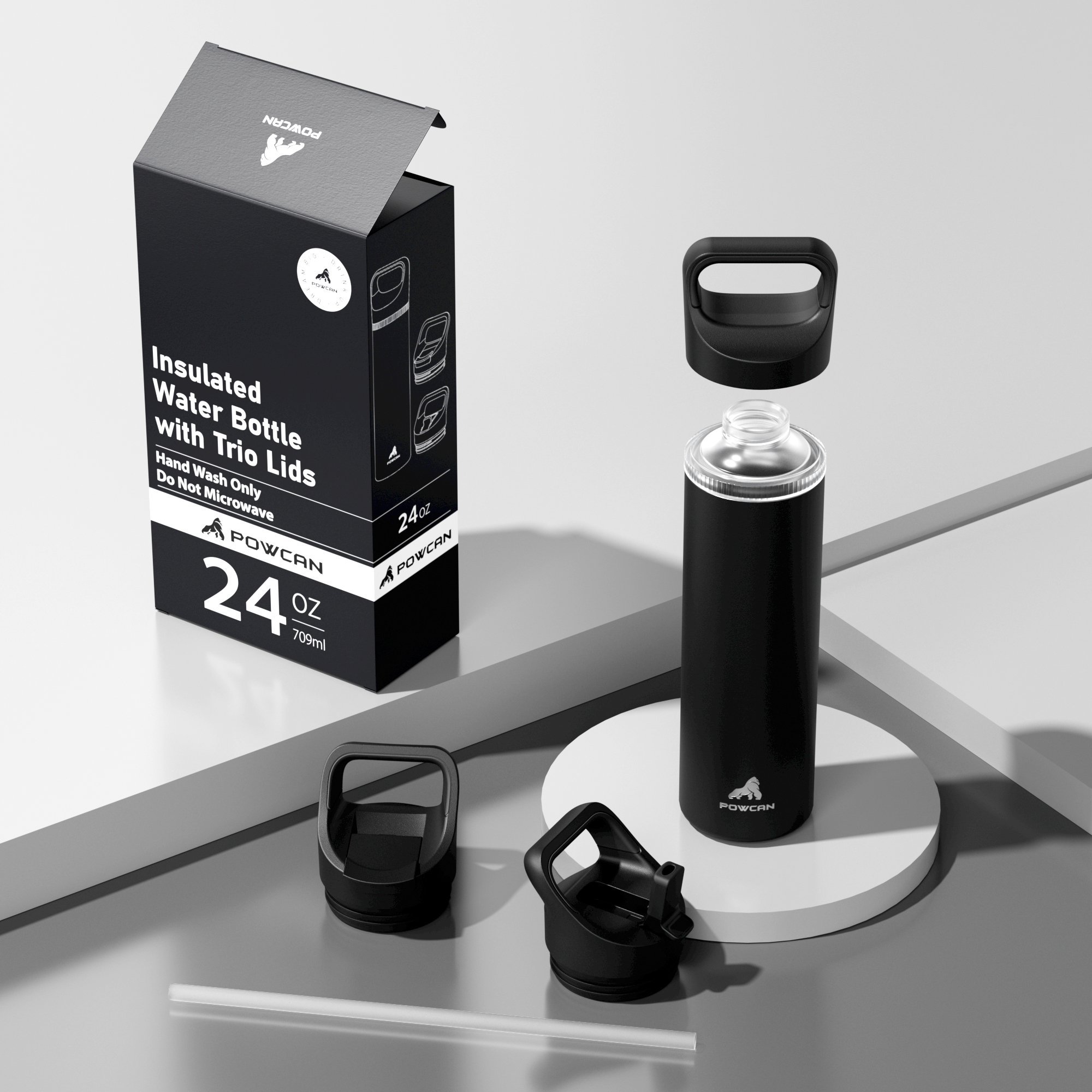 24 oz Insulated Water Bottle with 3 Lids