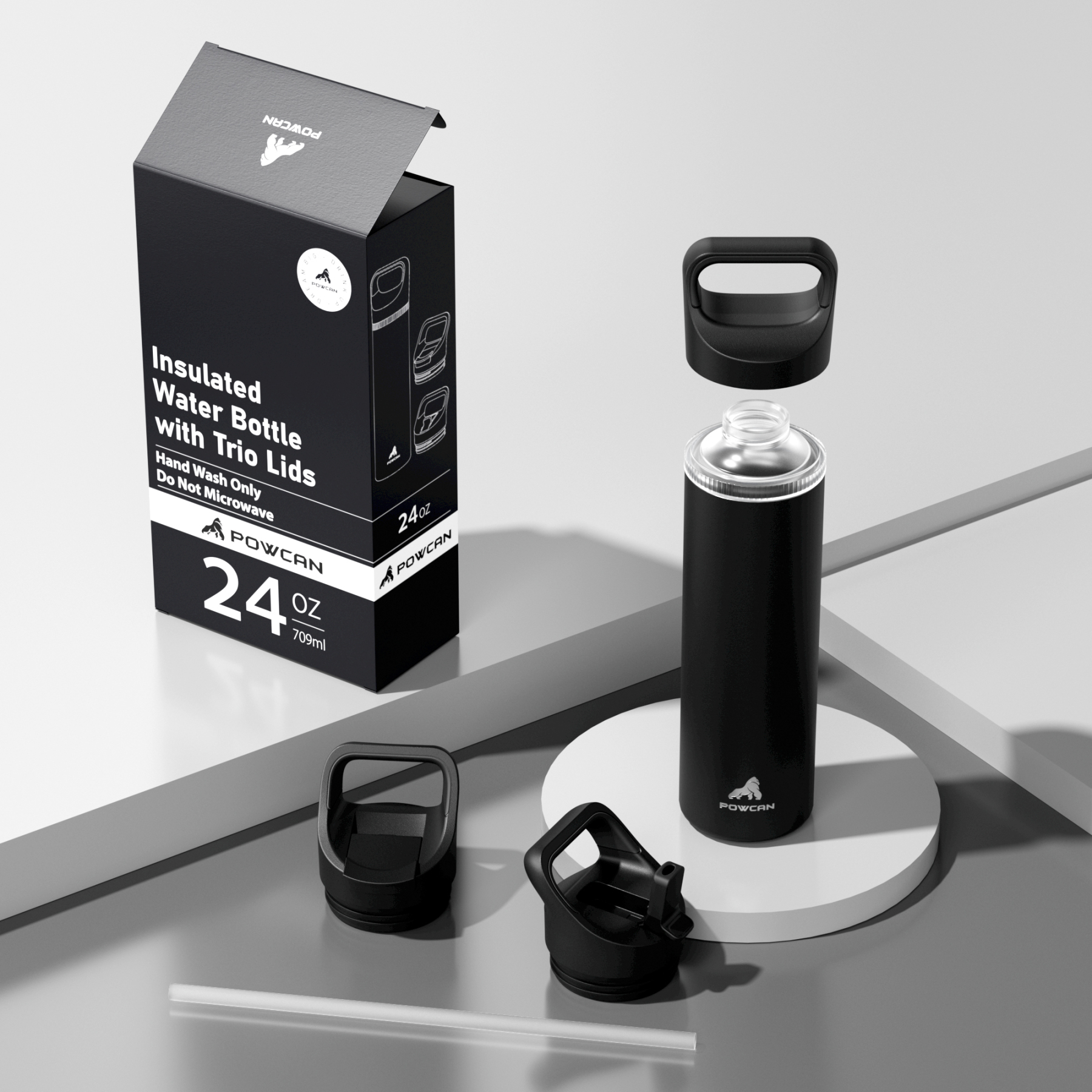 24 oz Insulated Water Bottle with 3 Lids