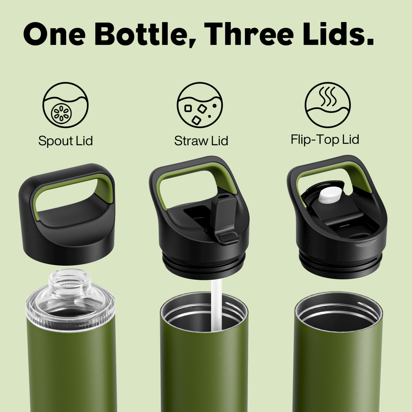24 oz Insulated Water Bottle with 3 Lids