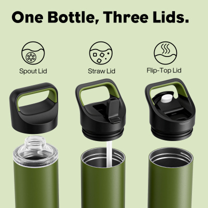 24 oz Insulated Water Bottle with 3 Lids