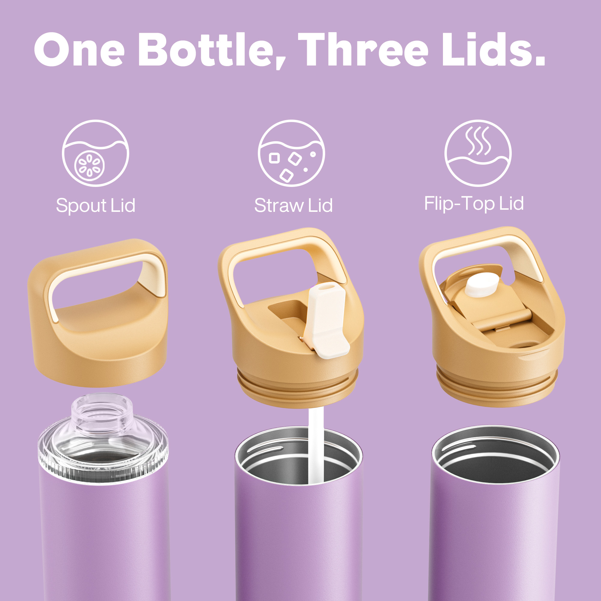 24 oz Insulated Water Bottle with 3 Lids