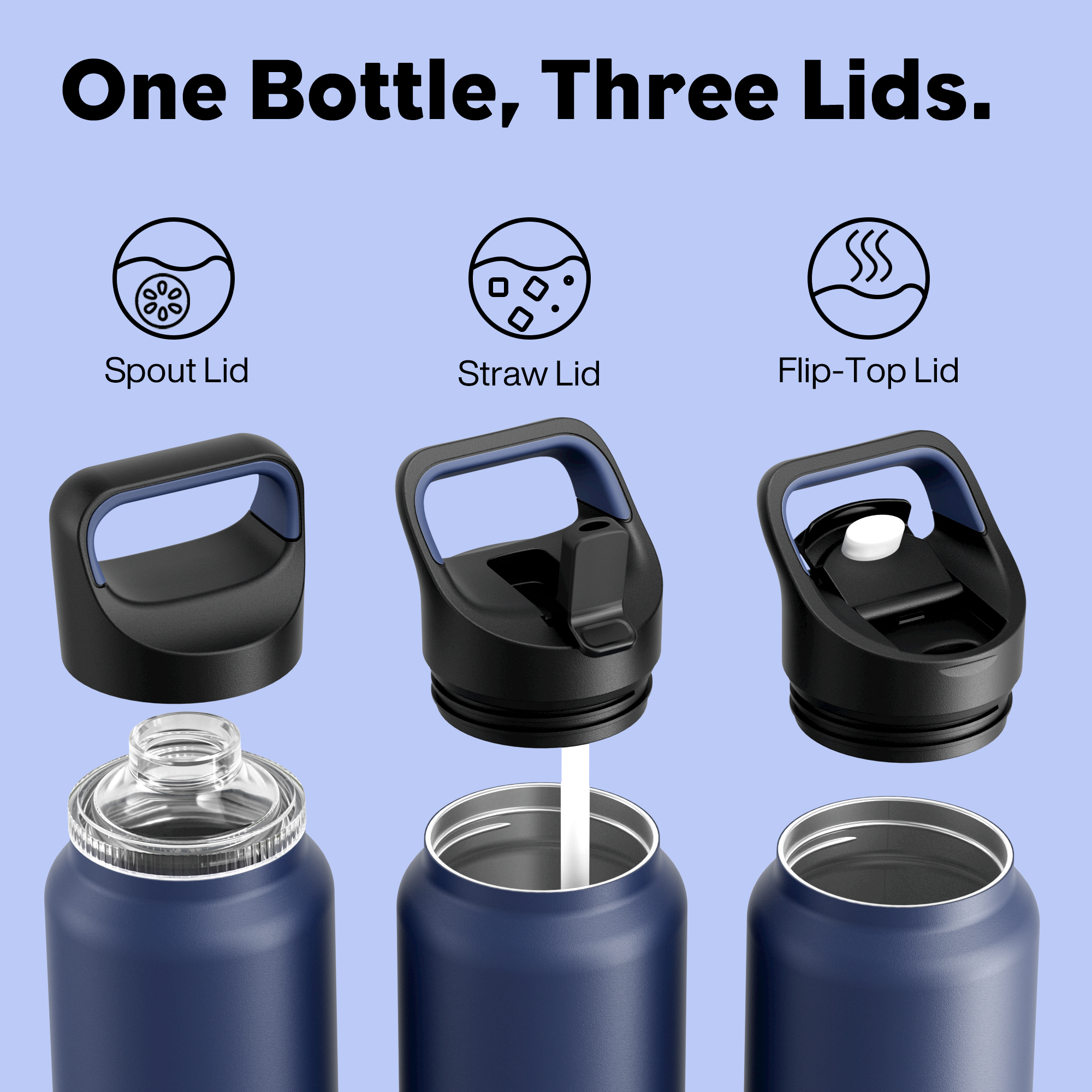40 oz Insulated Water Bottle with 3 Lids