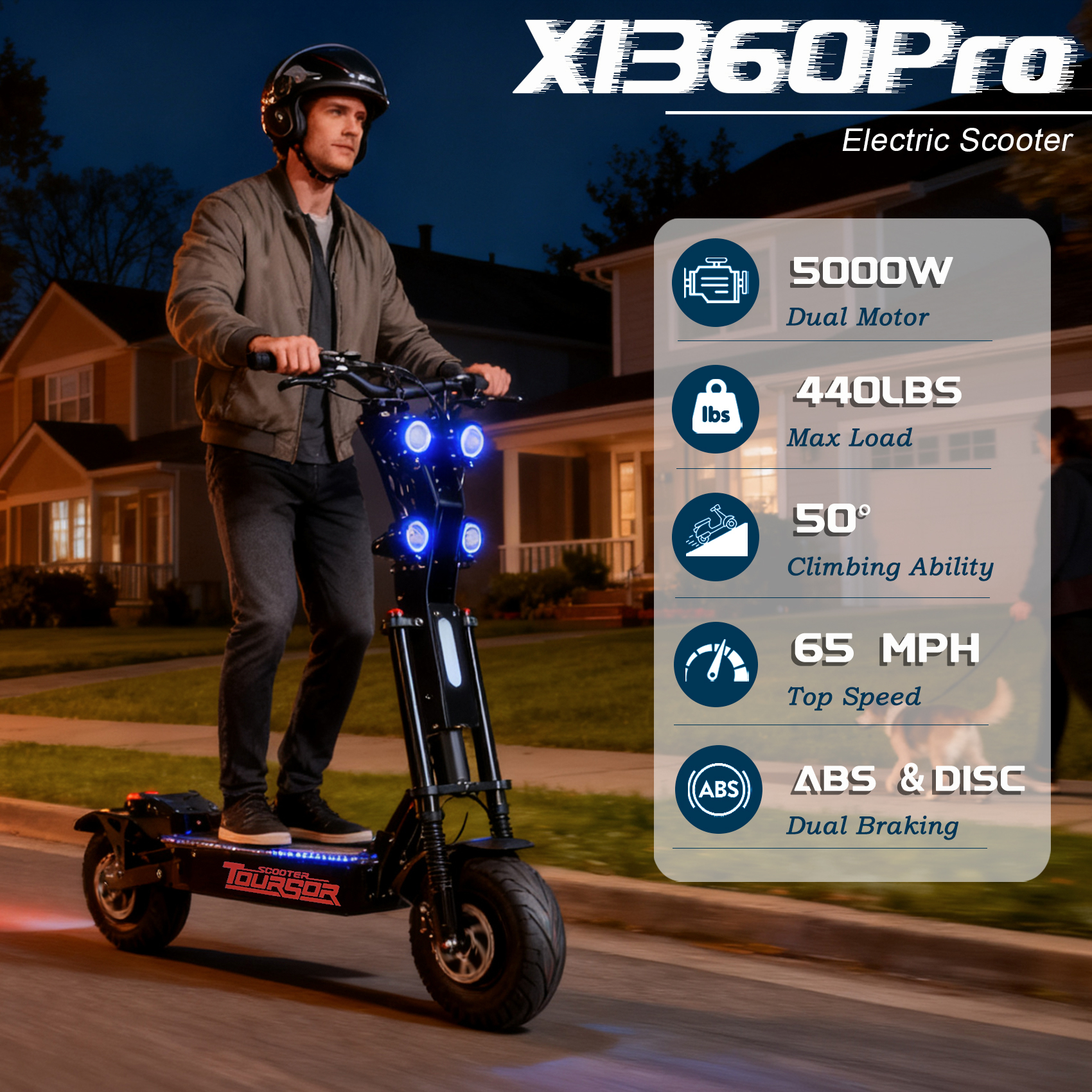 TOURSOR X13-60V Electric Scooter Dual Drive 60V 50AH 10,000W Motor 65 MPH Speed 70 Mile Range 13" Road Tires