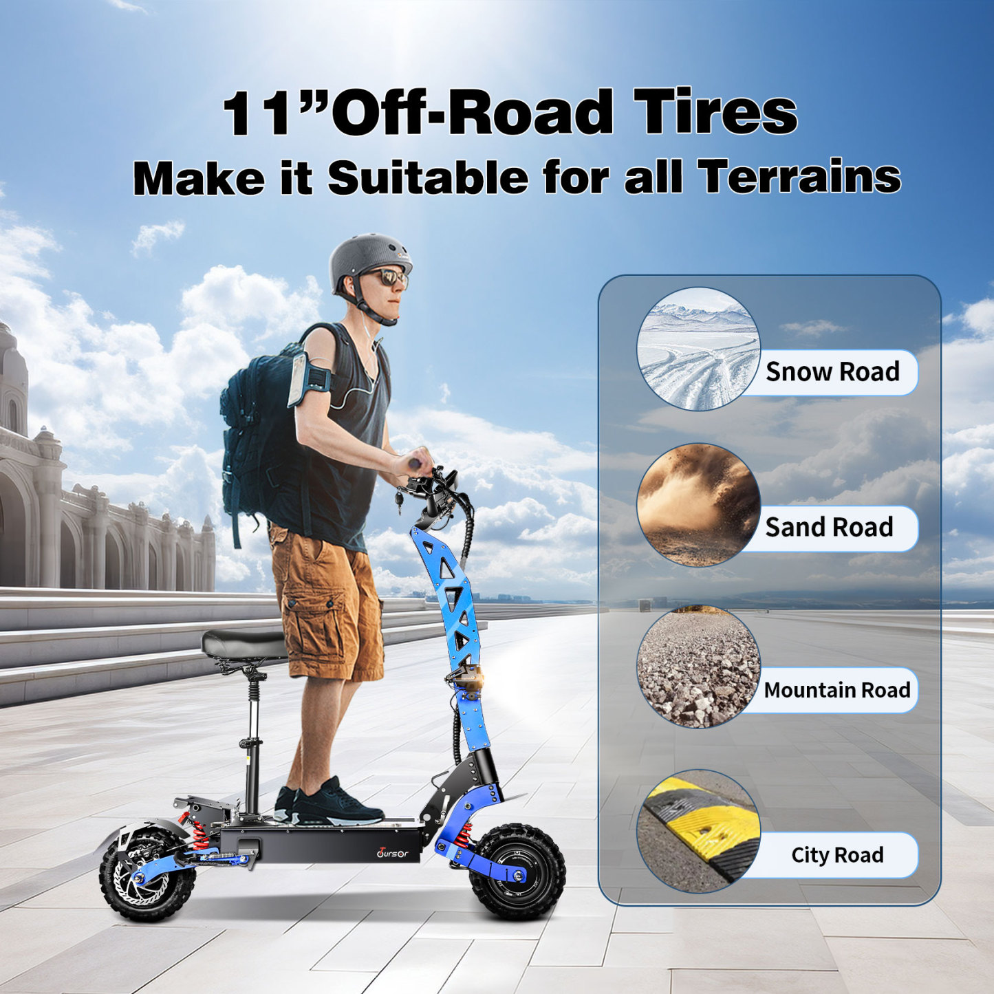 TOURSOR Electric Scooter 60V 35Ah 6000W Dual Drive 40MPH Foldable with 11 Inch Off Road Tires