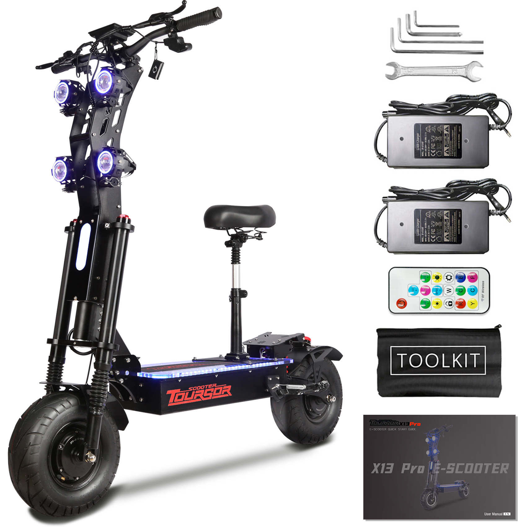 TOURSOR X13-60V Electric Scooter Dual Drive 60V 50AH 10,000W Motor 65 MPH Speed 70 Mile Range 13" Road Tires