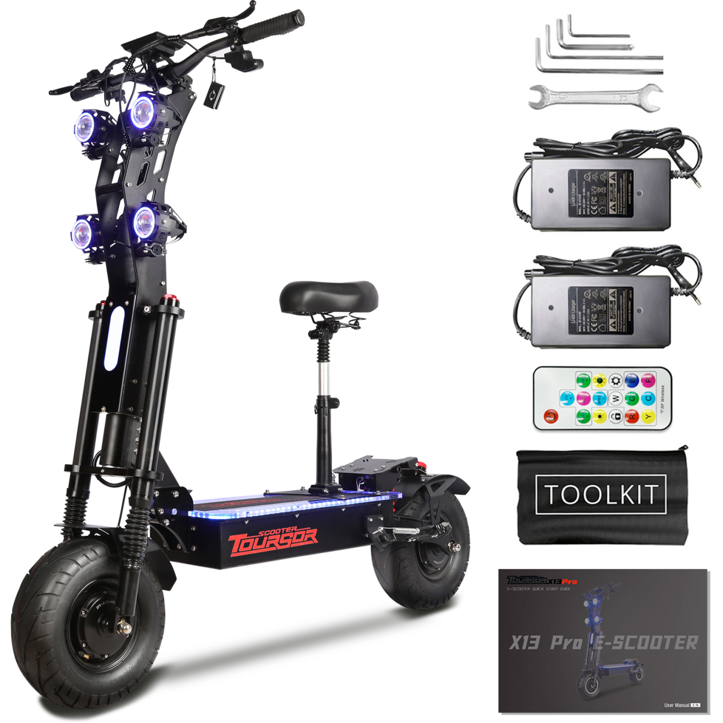 TOURSOR X13-60V Electric Scooter Dual Drive 60V 50AH 10,000W Motor 65 MPH Speed 70 Mile Range 13" Road Tires