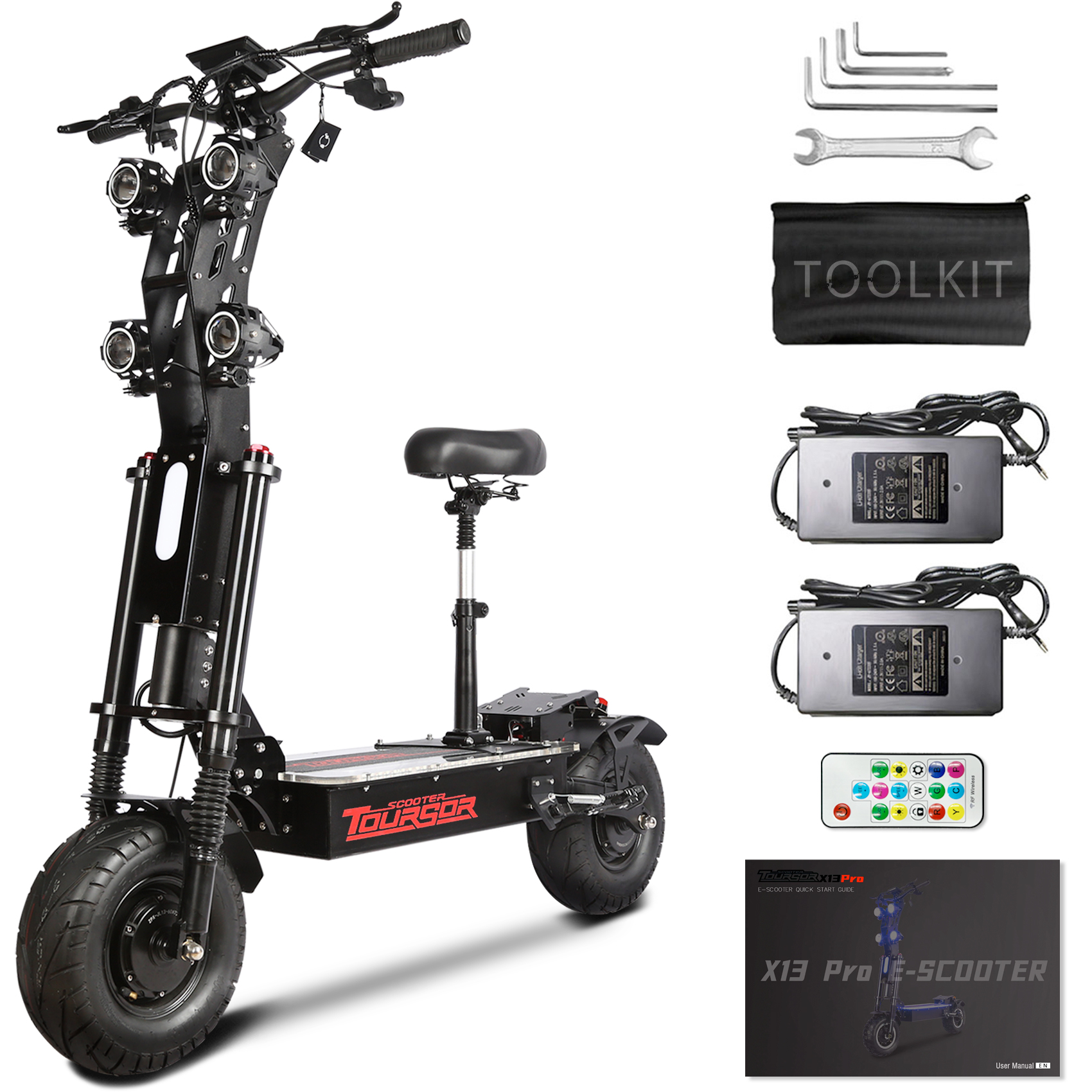 TOURSOR X13-72V Electric Scooter Dual Drive 72V 40AH 10,000W Motor Up to 65 MPH Speed 75 Miles Range with 13" Road Tires