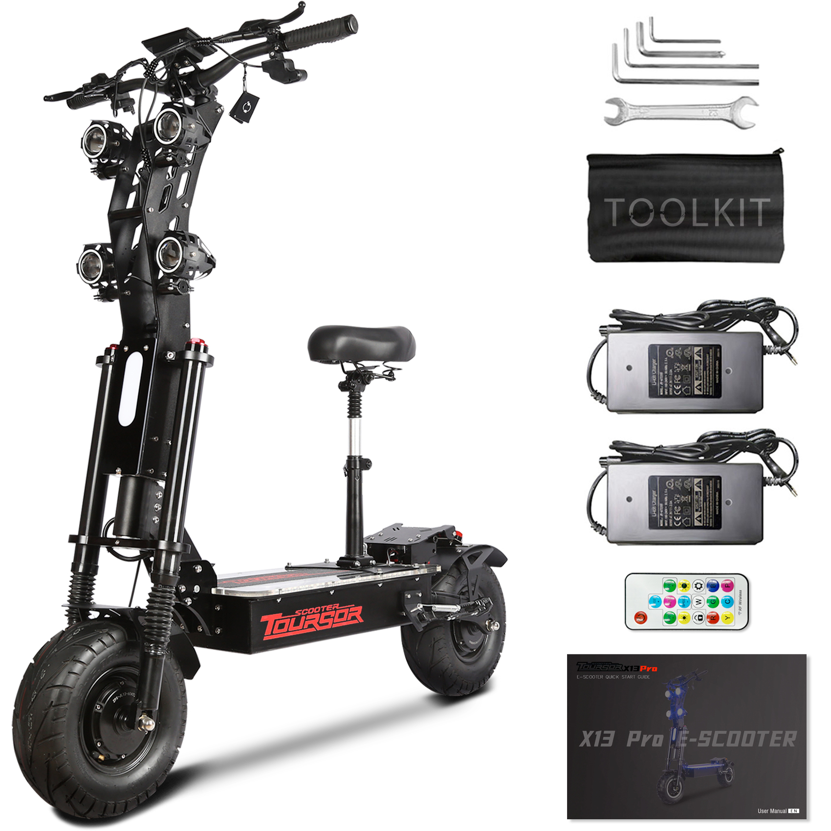 TOURSOR X13-72V Electric Scooter Dual Drive 72V 40AH 10,000W Motor Up to 65 MPH Speed 75 Miles Range with 13" Road Tires