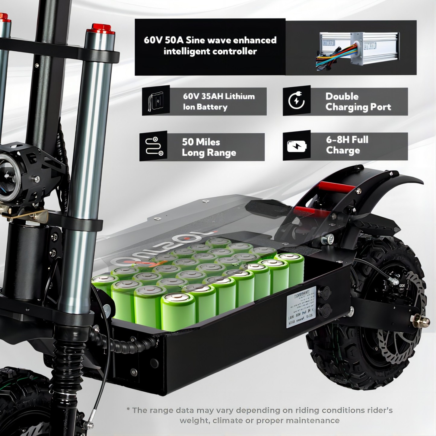 TOURSOR 60V 40Ah Electric Scooter 6000W Dual Power Maximum Speed 50MPH Driving Distance 50Miles