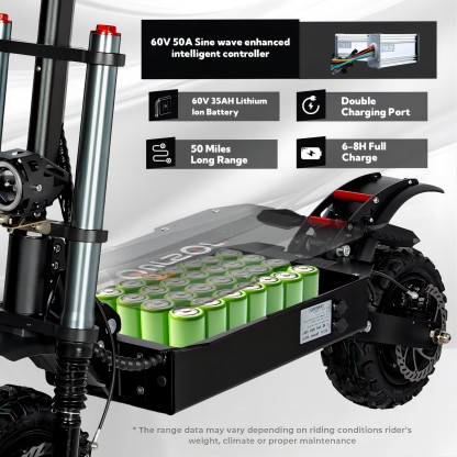TOURSOR 60V 40Ah Electric Scooter 6000W Dual Power Maximum Speed 50MPH Driving Distance 50Miles
