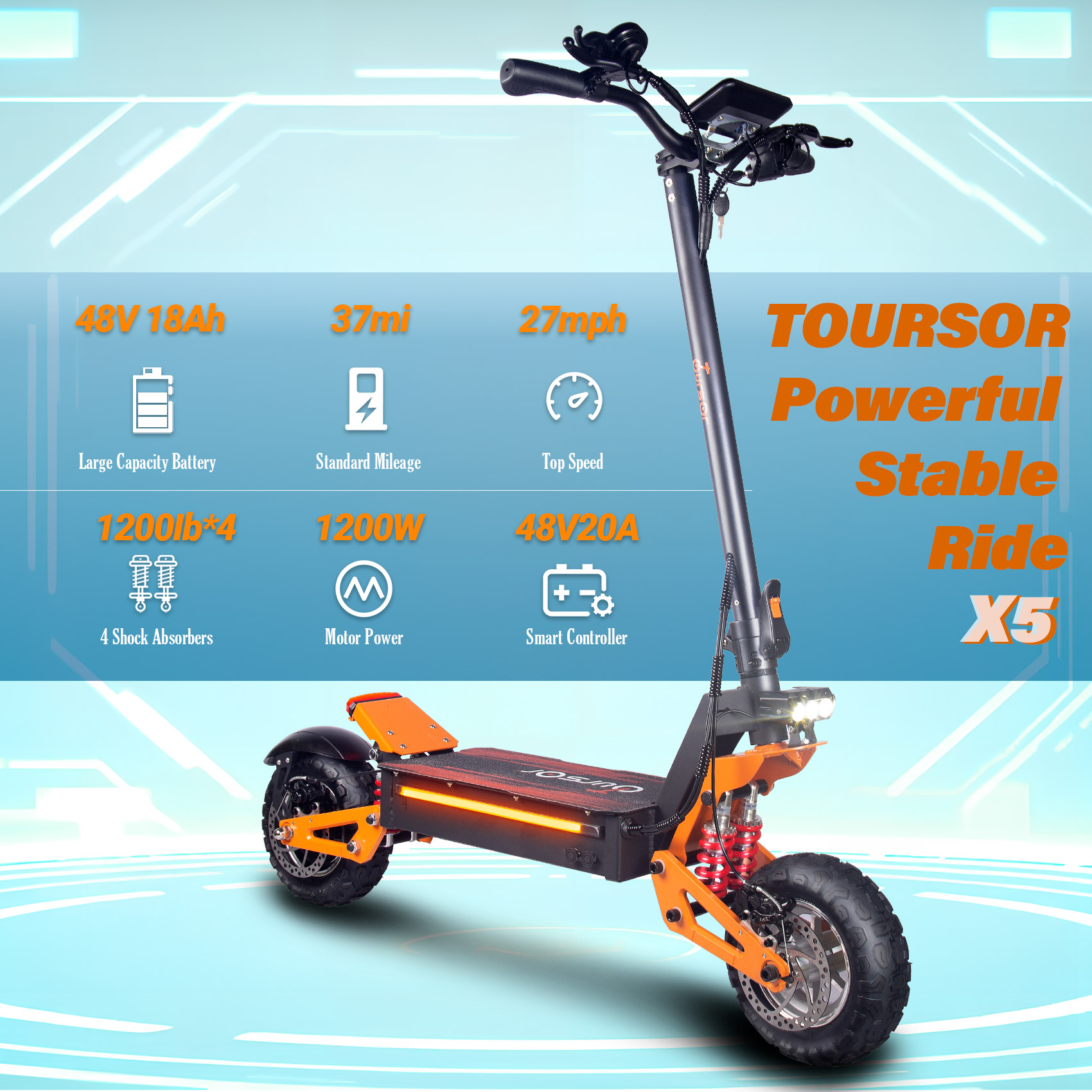 TOURSOR 48V 18Ah Electric Scooter 1200W Single Drive with 11" Off-Road Tires