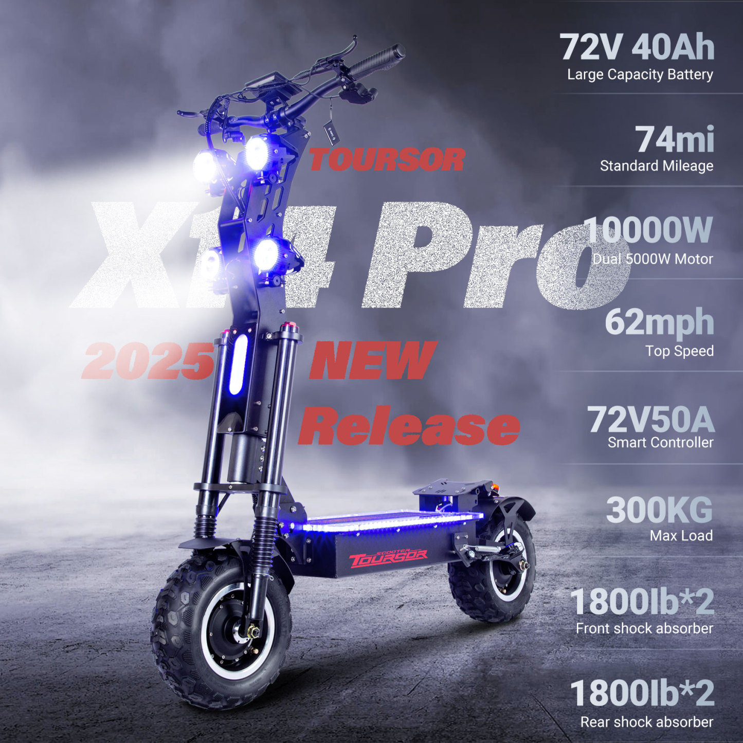 TOURSOR X14-72V Pro Electric Scooter 72V 40A 10,000W Dual Motor Extra Long Range with 13-inch all-terrain tires