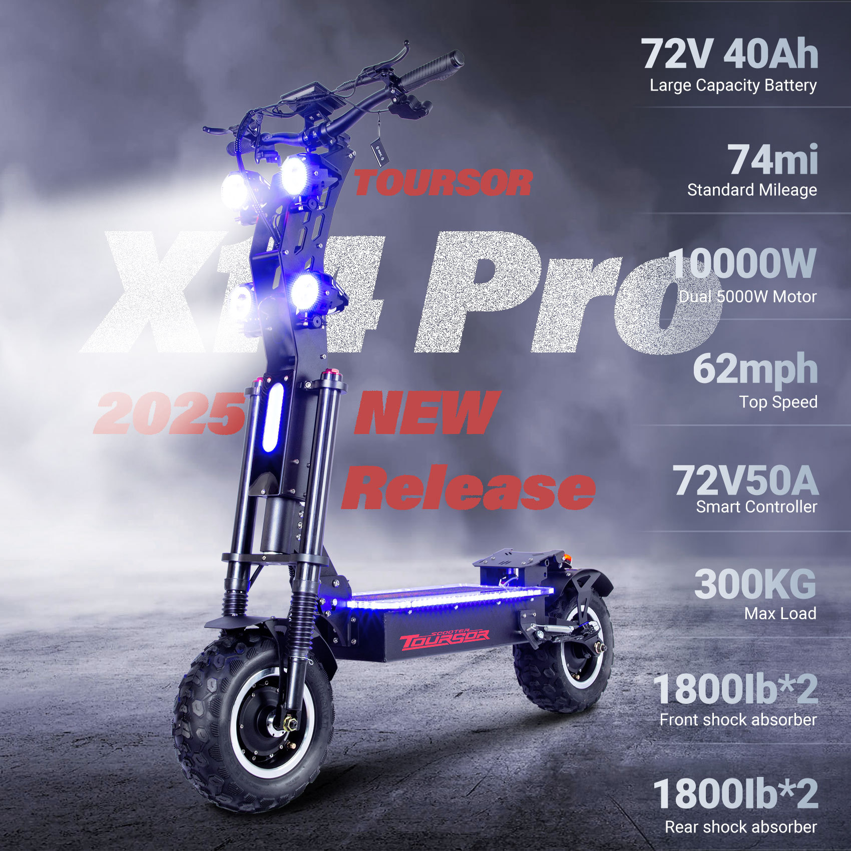 TOURSOR X14-72V Pro Electric Scooter 72V 40A 10,000W Dual Motor Extra Long Range with 13-inch all-terrain tires