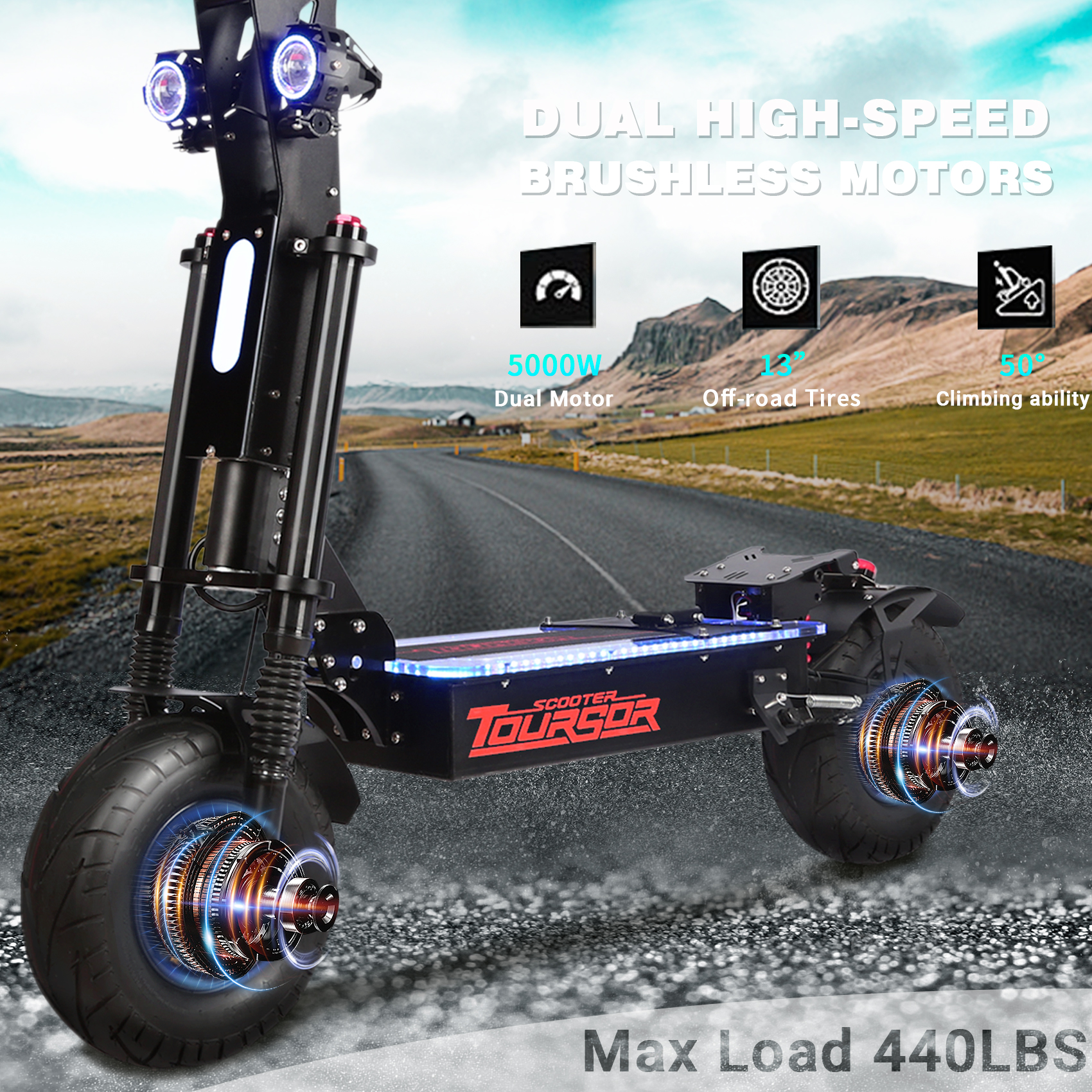 TOURSOR X13-72V Electric Scooter Dual Drive 72V 40AH 10,000W Motor Up to 65 MPH Speed 75 Miles Range with 13" Road Tires