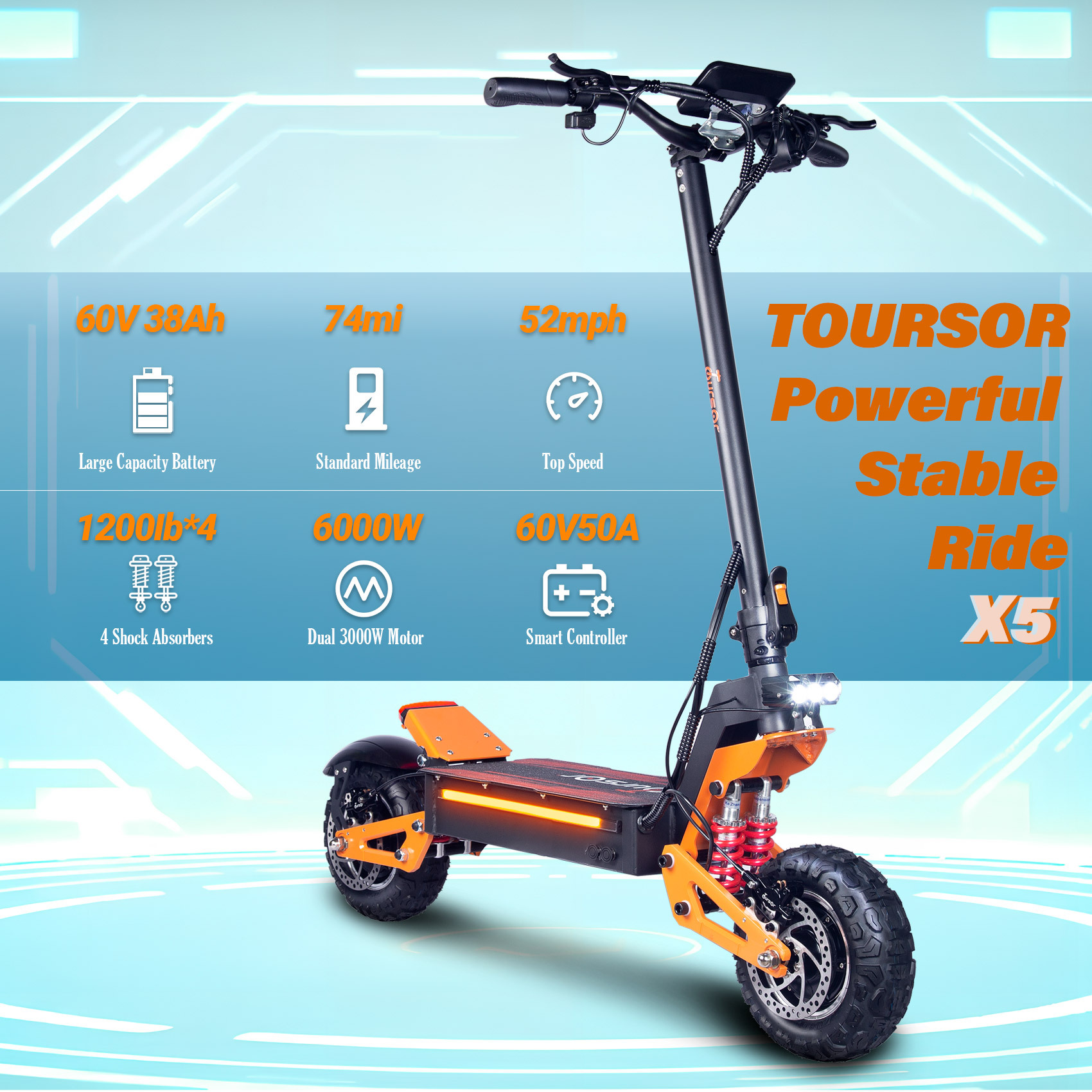 TOURSOR 60V 38Ah Electric Scooter 6000W Dual Power with 11” Off-Road Tires and LED Lights
