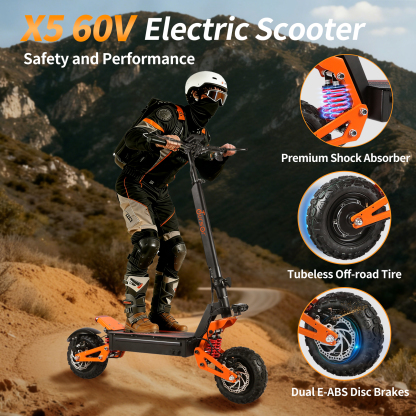TOURSOR X5-60V 38Ah Electric Scooter 6000W Dual Power with 11” Off-Road Tires and LED Lights
