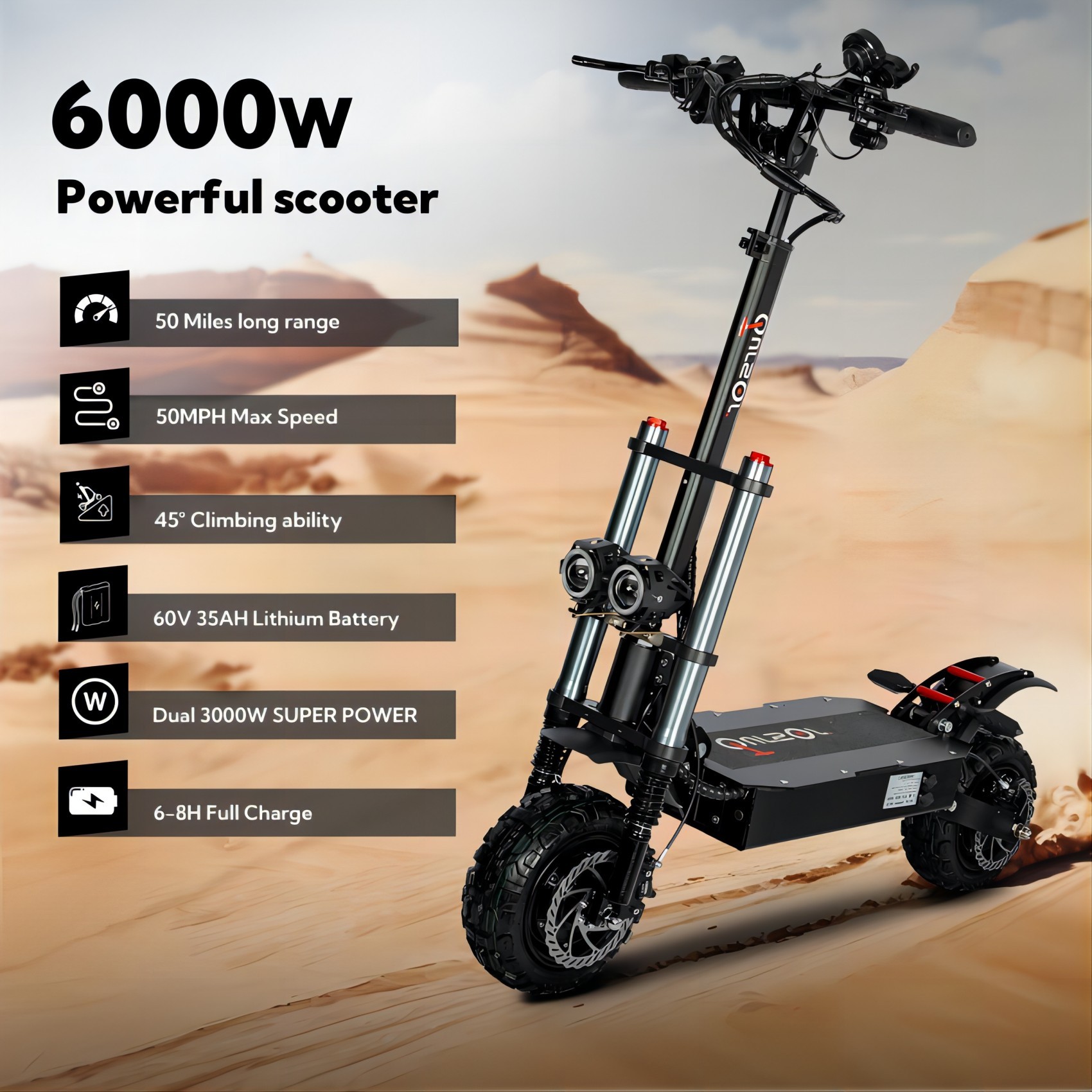 TOURSOR 60V 40Ah Electric Scooter 6000W Dual Power Maximum Speed 50MPH Driving Distance 50Miles