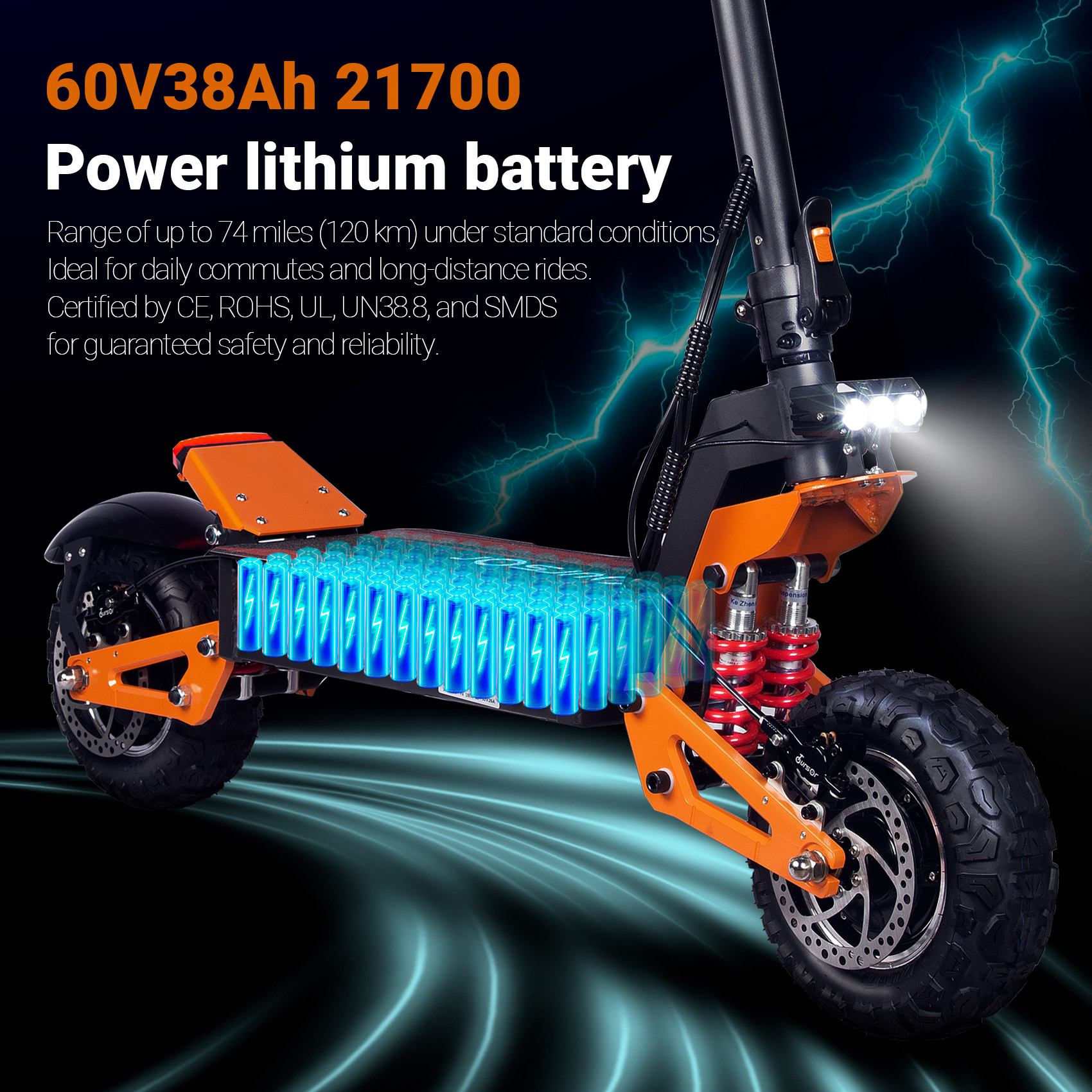 TOURSOR 60V 38Ah Electric Scooter 6000W Dual Power with 11” Off-Road Tires and LED Lights